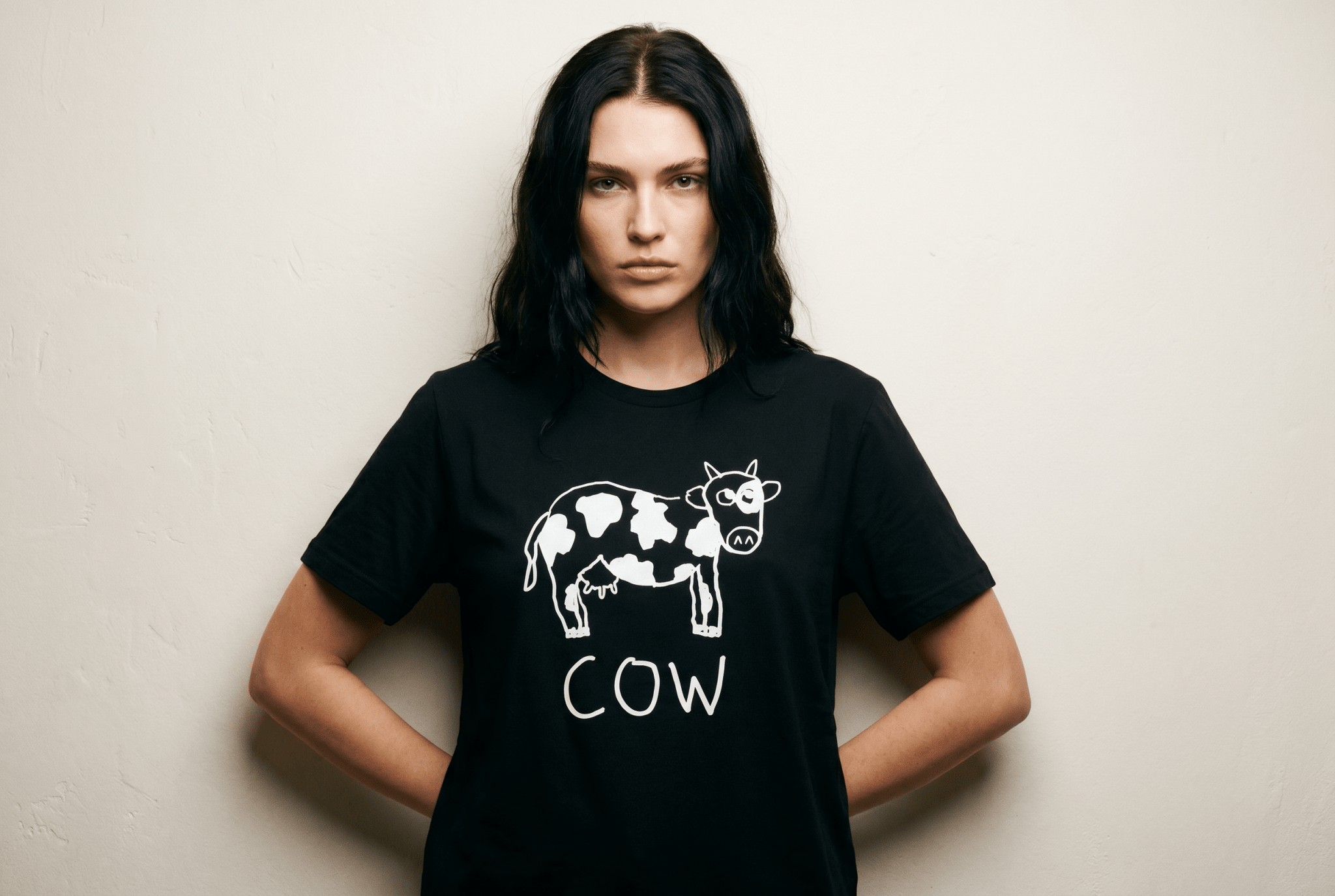 lo-fi Cow Women's Relaxed T-Shirt — hand-drawn cow graphic on a white relaxed-fit tee