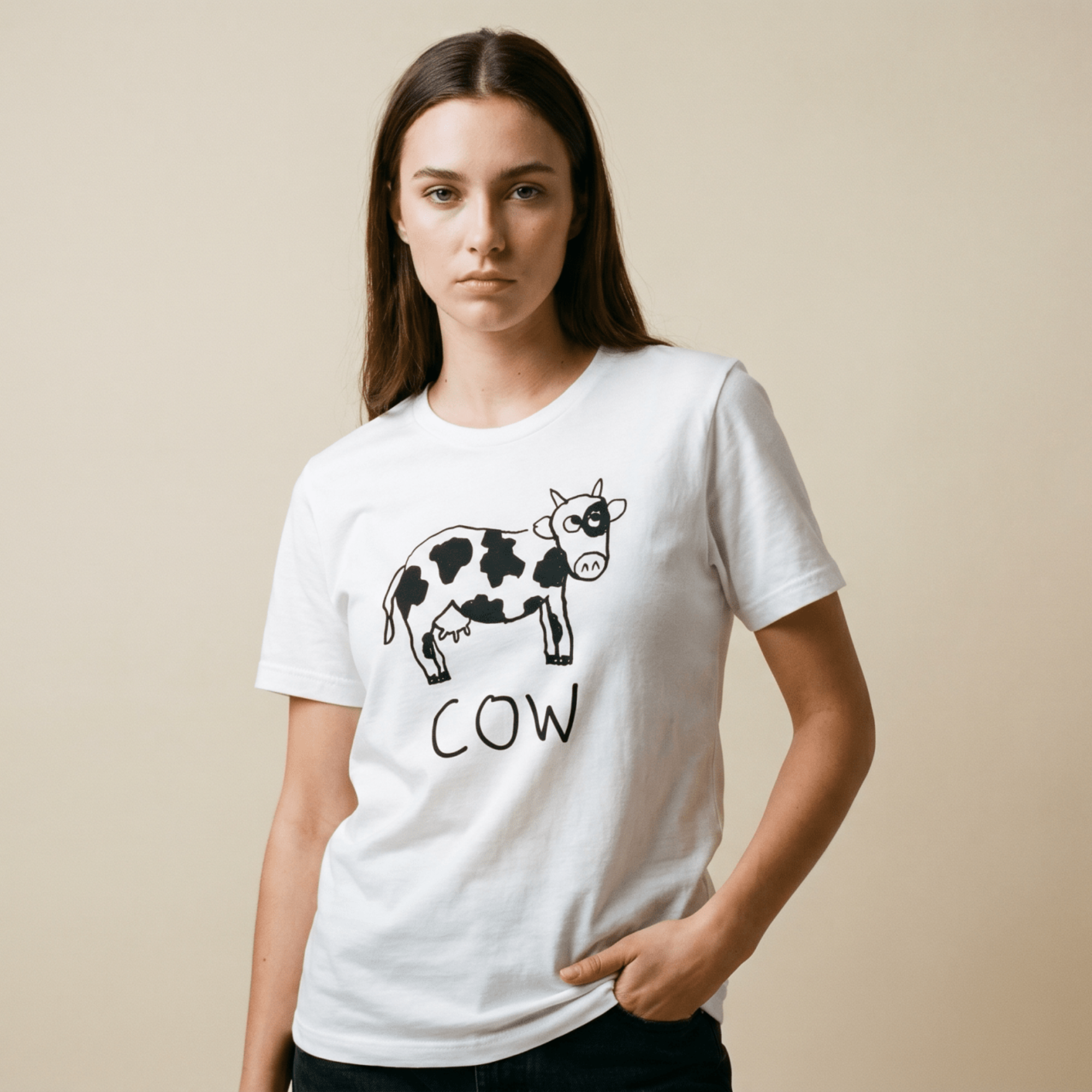 lo-fi Cow Women's Relaxed T-Shirt — hand-drawn cow graphic on a white relaxed-fit tee