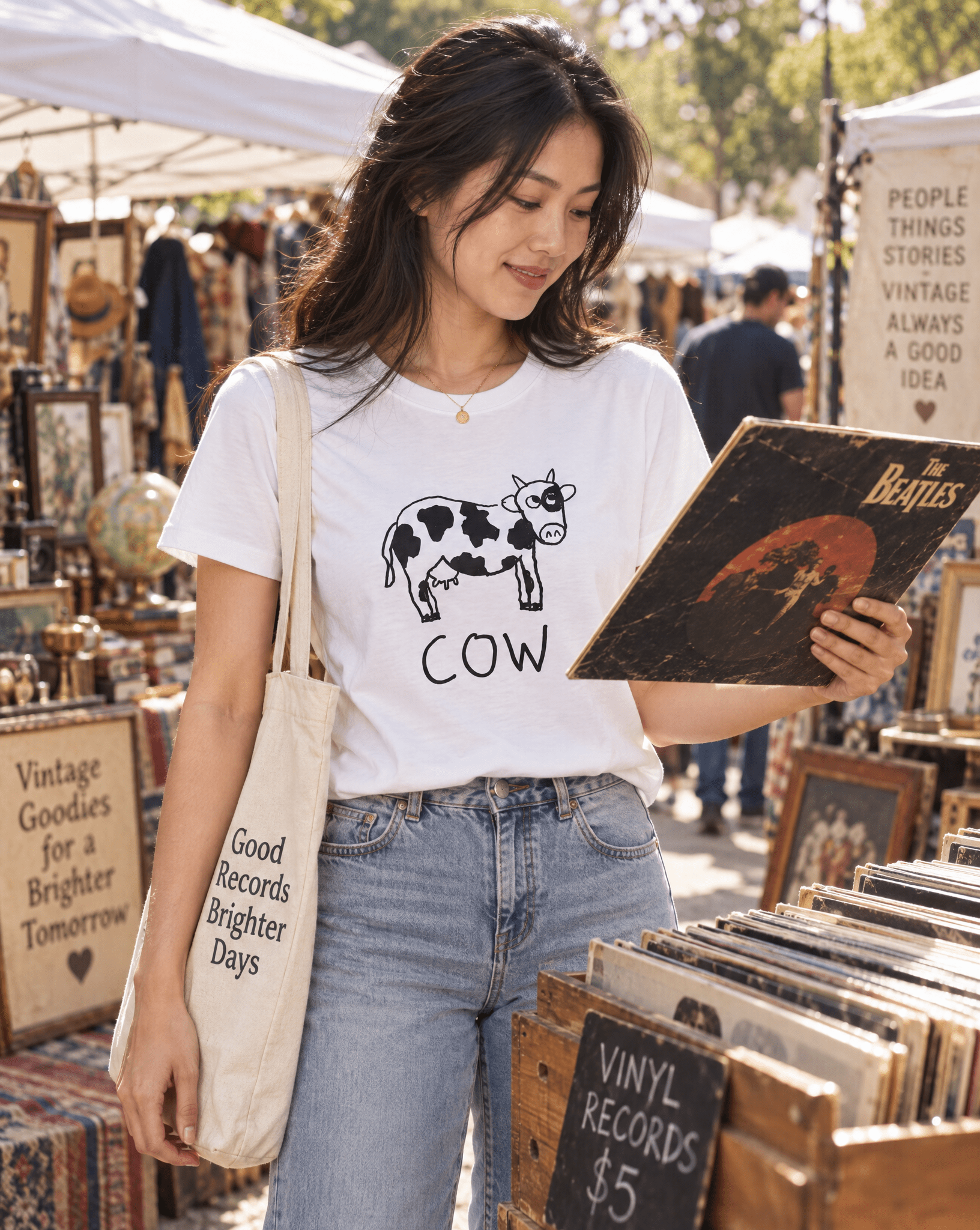 Sep 29 cow women's tee — vintage market lifestyle photo