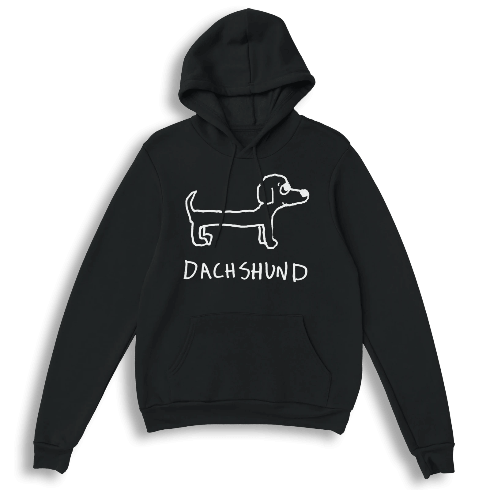 lo-fi Dachshund Hoodie — hand-drawn dachshund graphic on a black pullover hoodie
