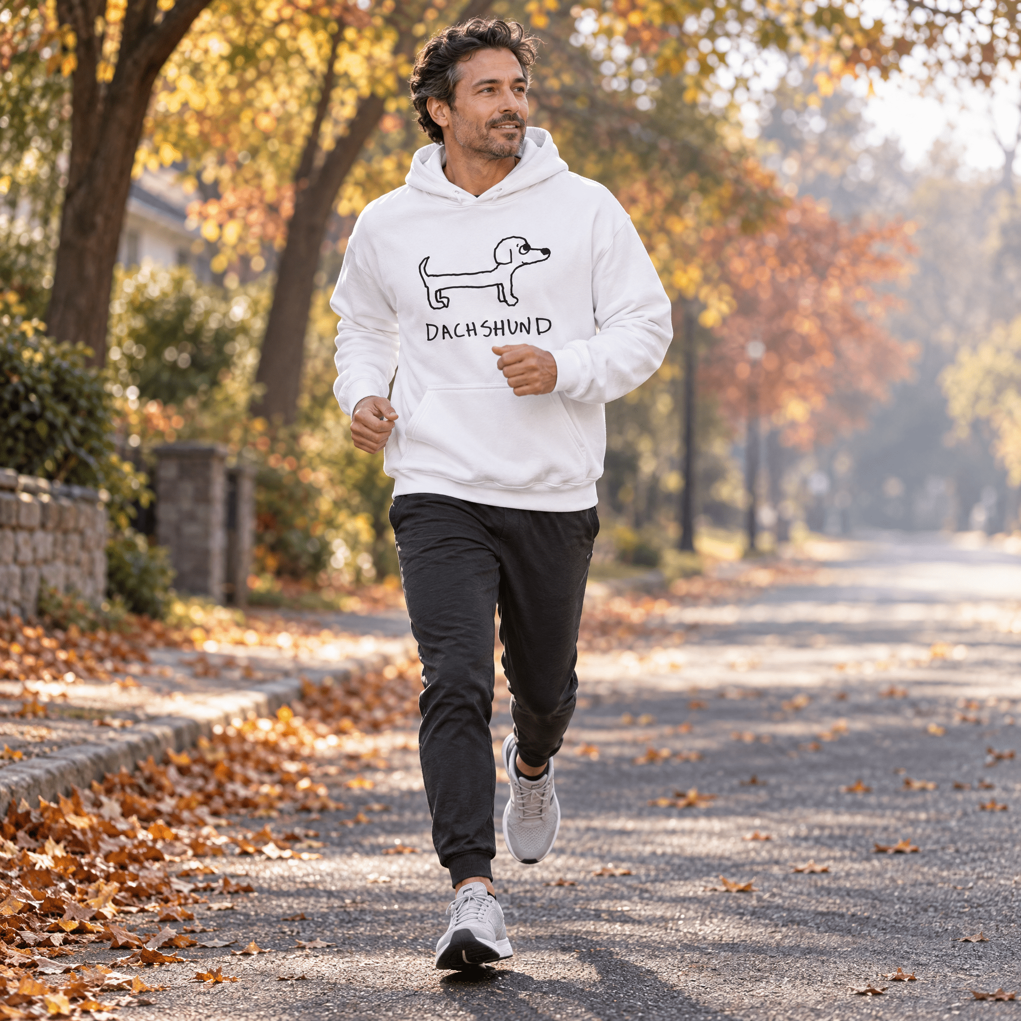 lo-fi Dachshund Hoodie — hand-drawn dachshund graphic on a white pullover hoodie