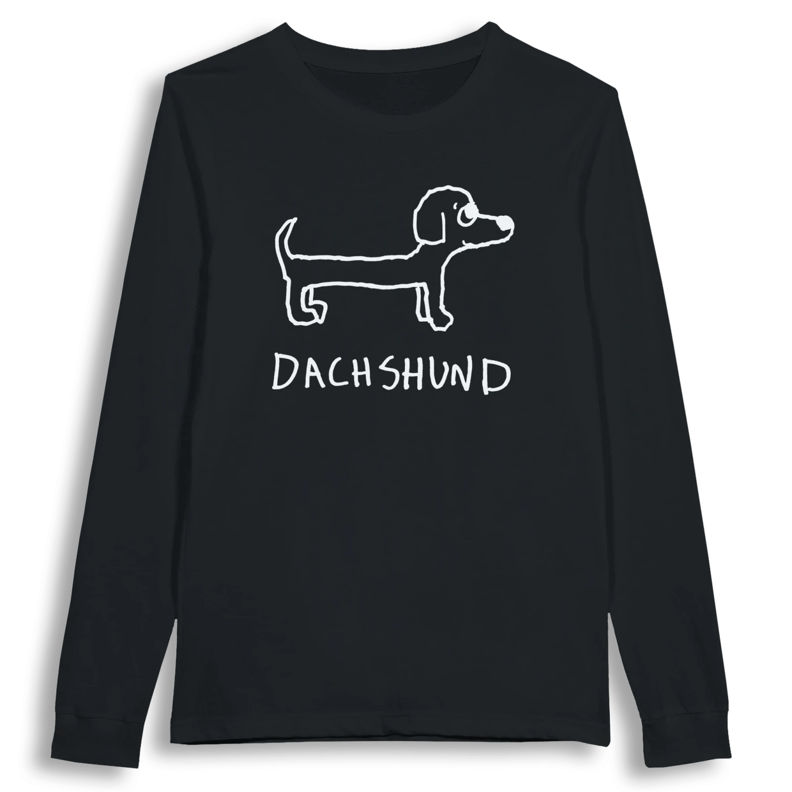 lo-fi Dachshund Long Sleeve Tee — hand-drawn dachshund graphic on a white long-sleeve t-shirt
