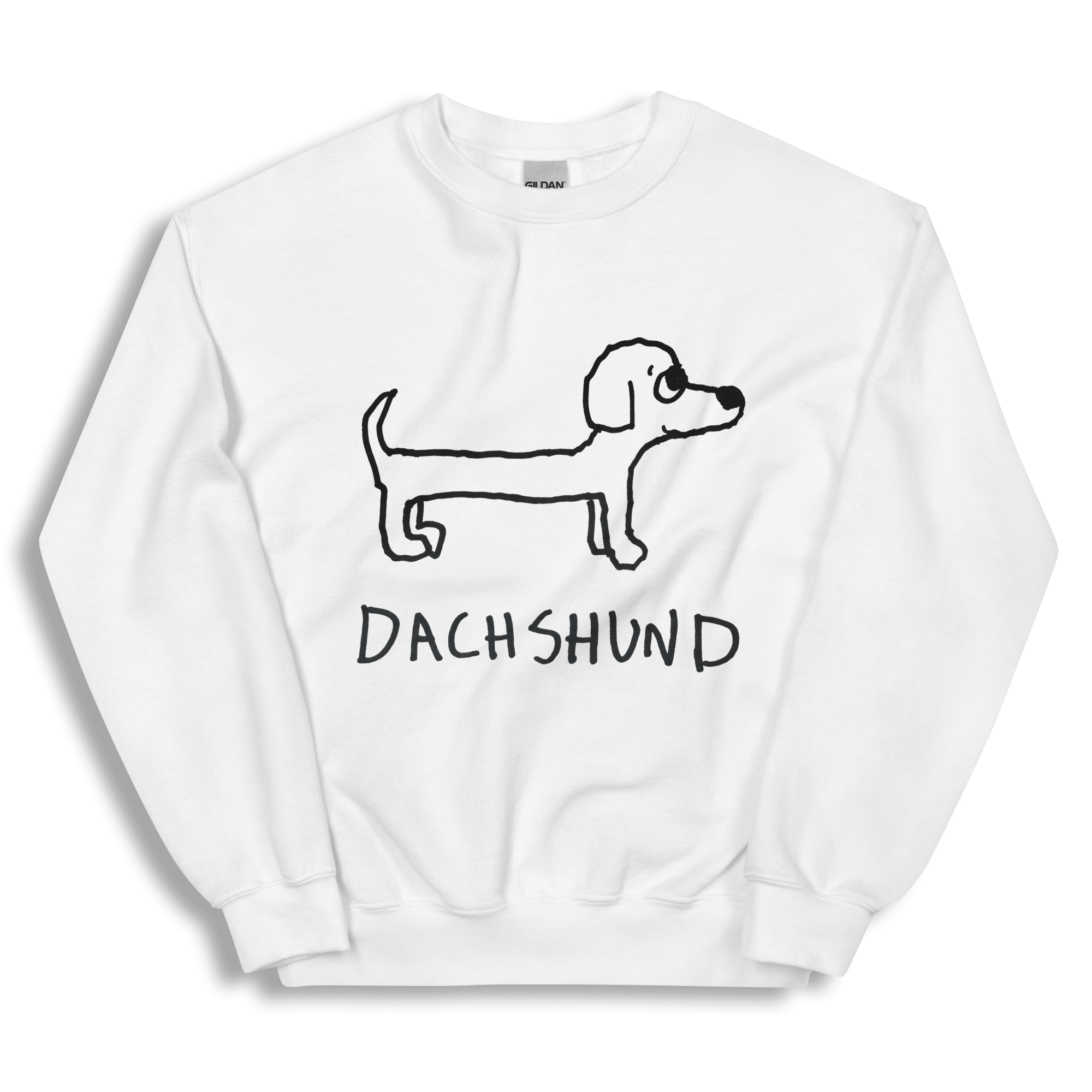 A white crewneck sweatshirt featuring a black line art drawing of a dachshund and the word 'DACHSHUND' printed below it, displayed on a clean white background.