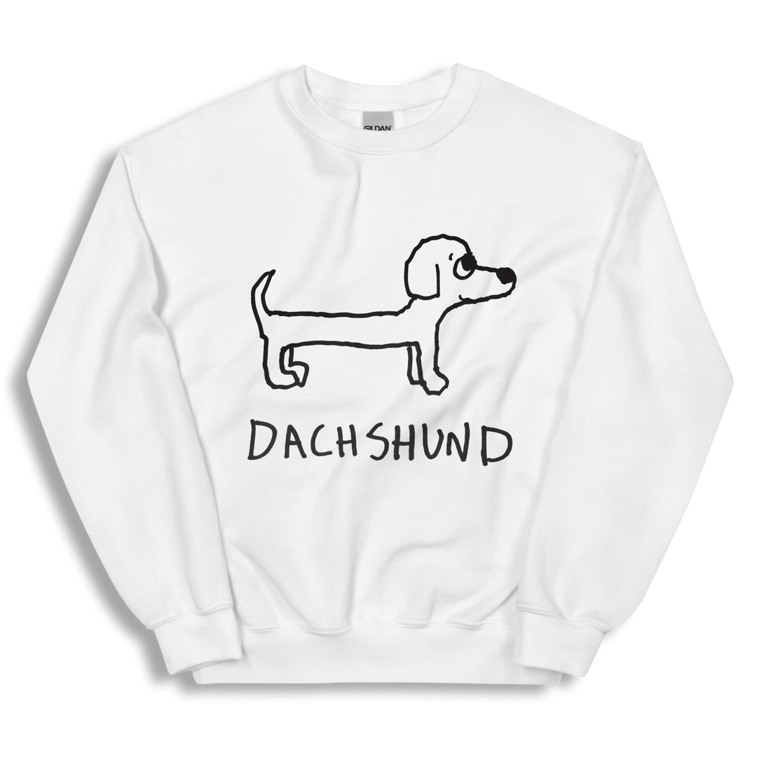 A white crewneck sweatshirt featuring a black line art drawing of a dachshund and the word 'DACHSHUND' printed below it, displayed on a clean white background.