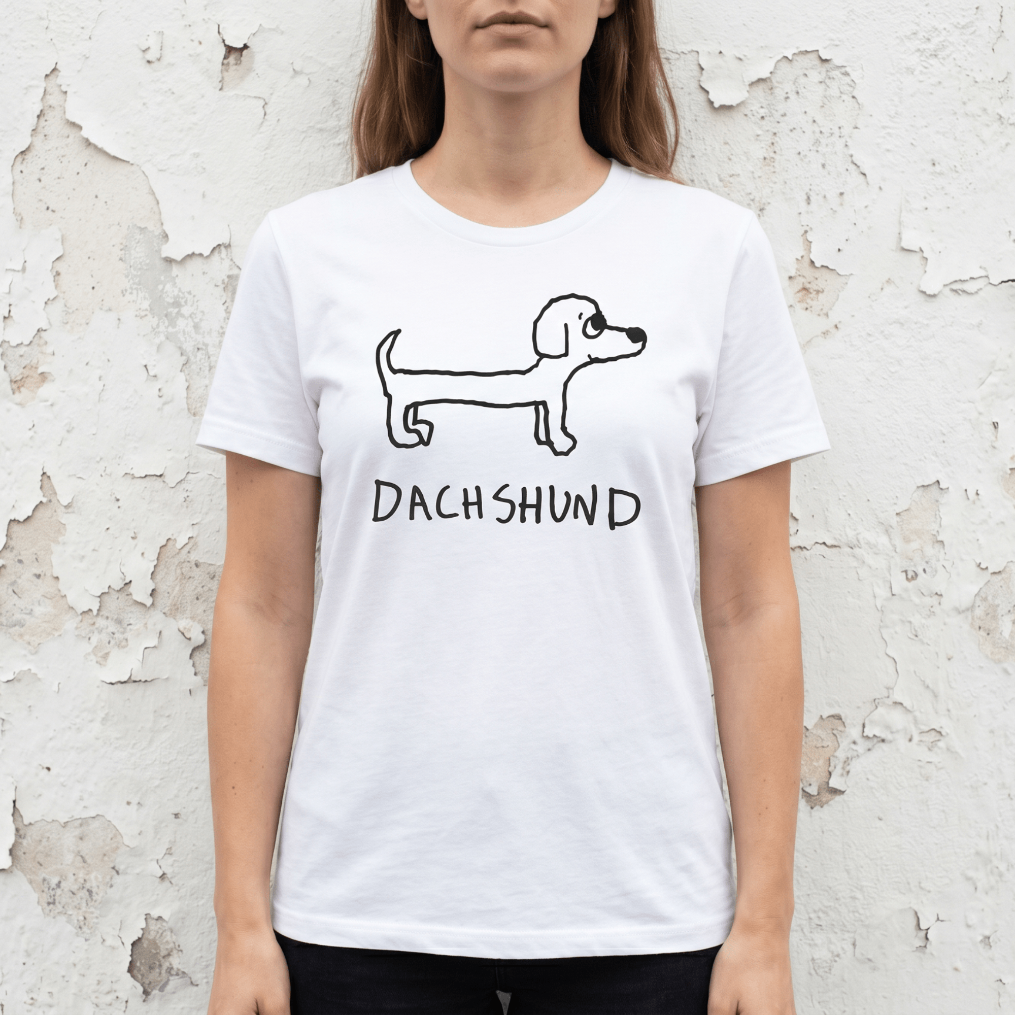 Woman street-style torso shot in a lo-fi Dachshund Women's Relaxed T-Shirt in white
