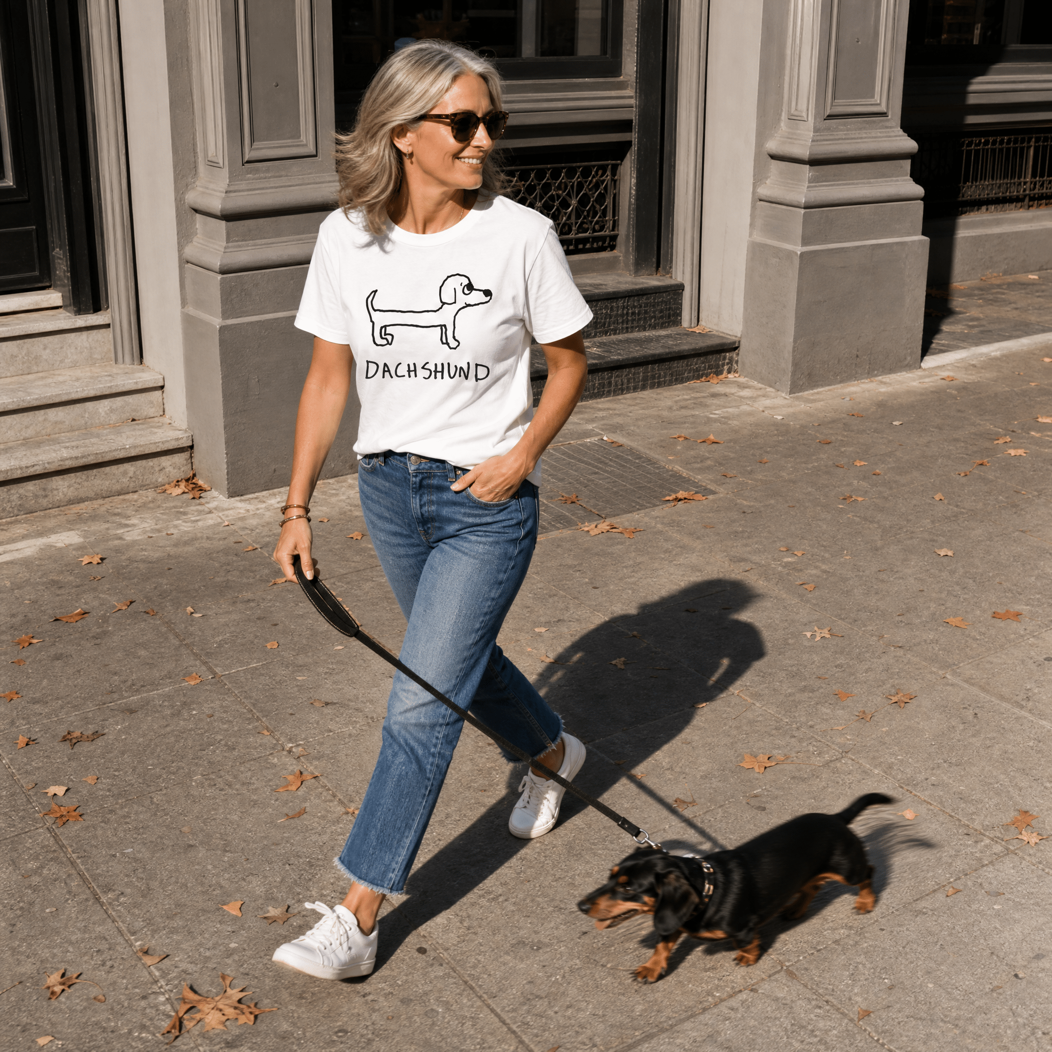 Woman walking a dog on a city street in a lo-fi Dachshund Women's Relaxed T-Shirt in white