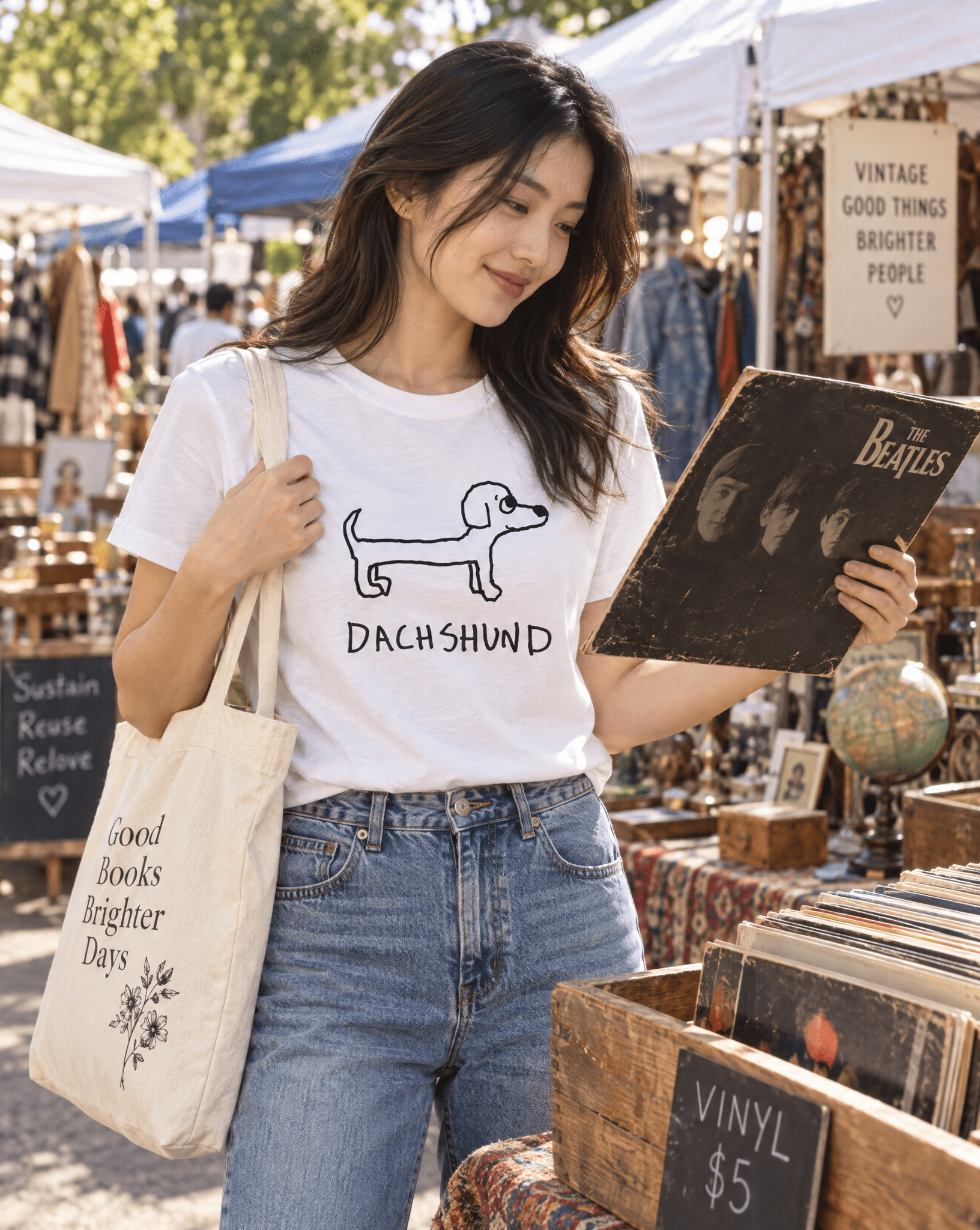 Sep 29 dachshund women's tee — vintage market lifestyle photo