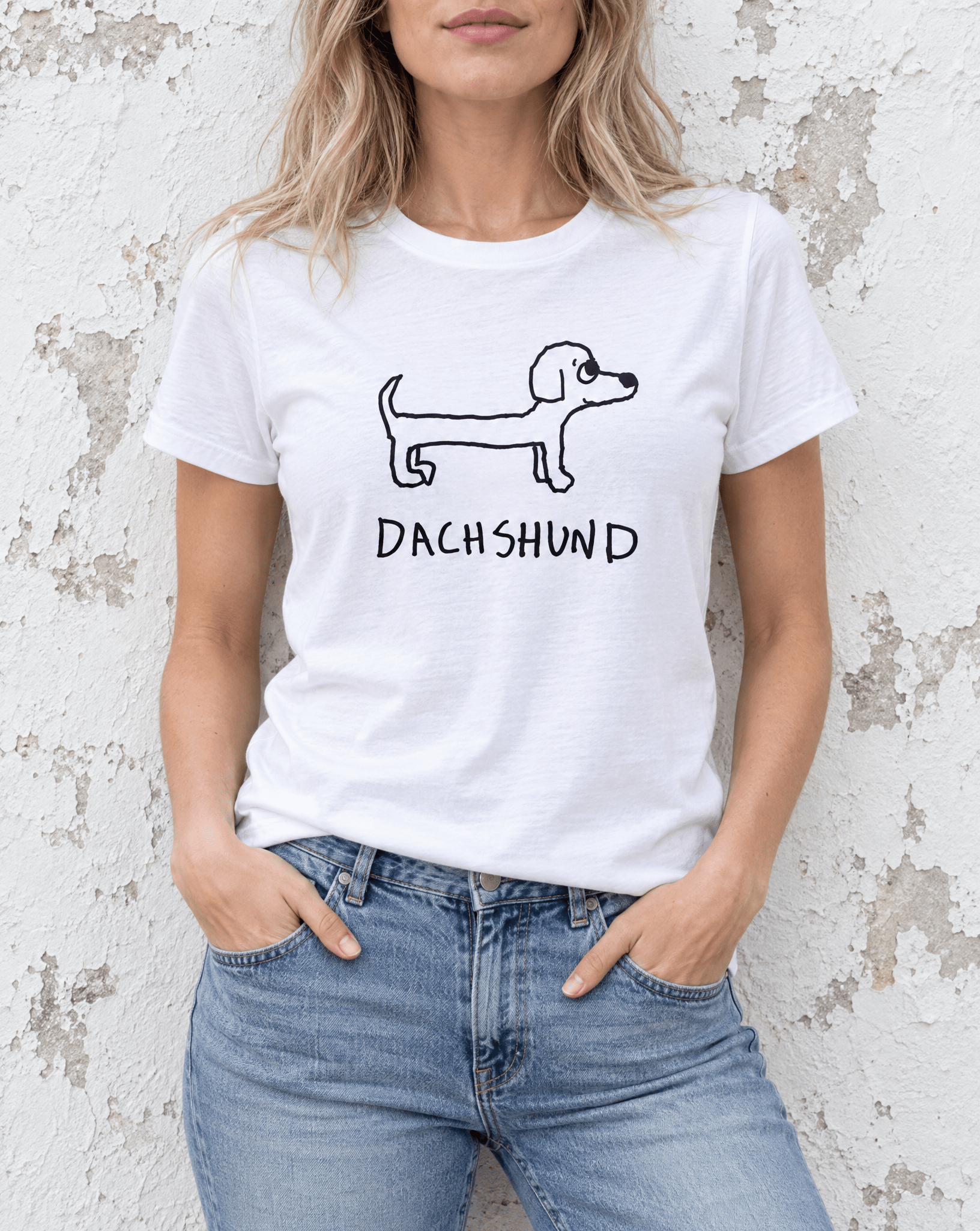 Sep 29 dachshund women's tee — urban torso lifestyle photo