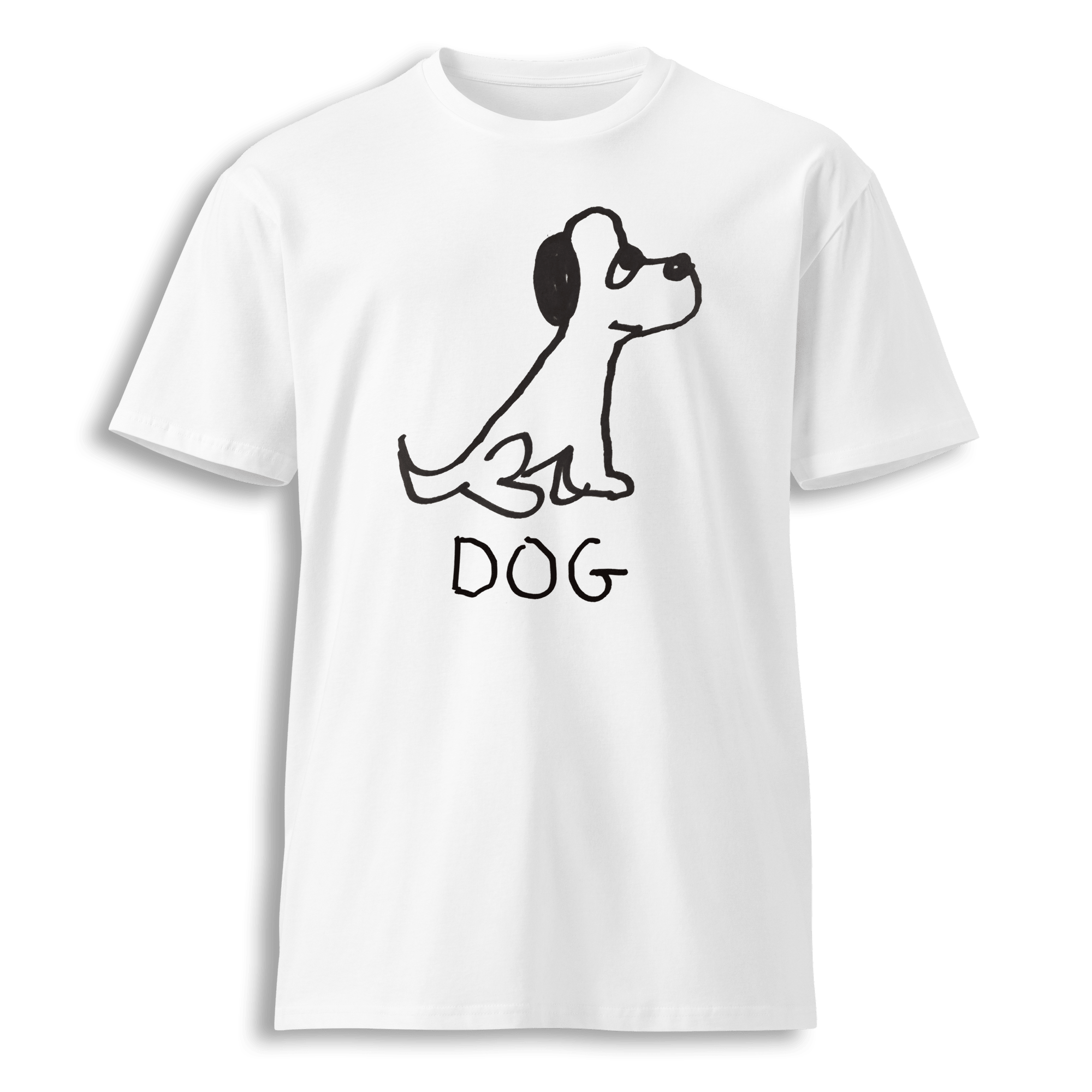 lo-fi Dog Classic Tee — hand-drawn dog graphic on a white t-shirt