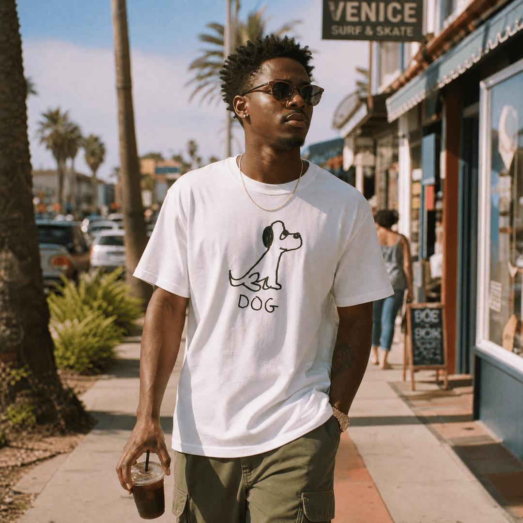 Man walking a sunny sidewalk with an iced coffee wearing a lo-fi Dog Classic Tee
