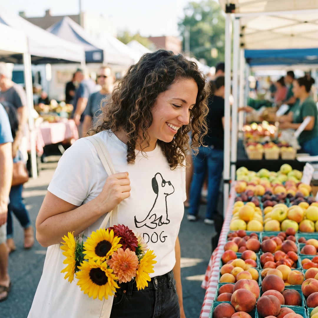 Woman holding sunflowers at a farmers market wearing a lo-fi Dog Classic Tee