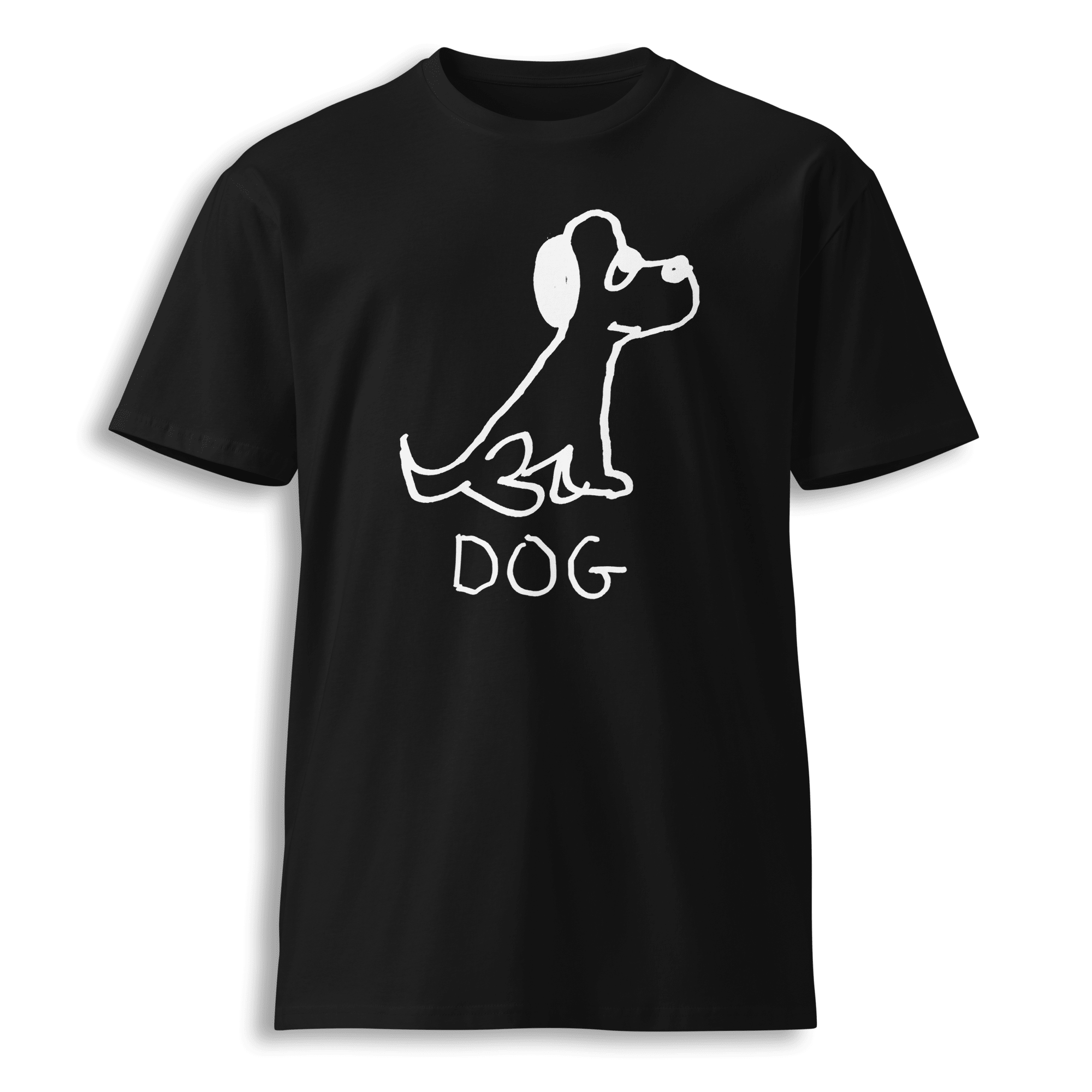 lo-fi Dog Classic Tee — hand-drawn dog graphic on a black t-shirt