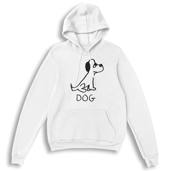 lo-fi Dog Hoodie — hand-drawn dog graphic on a white pullover hoodie