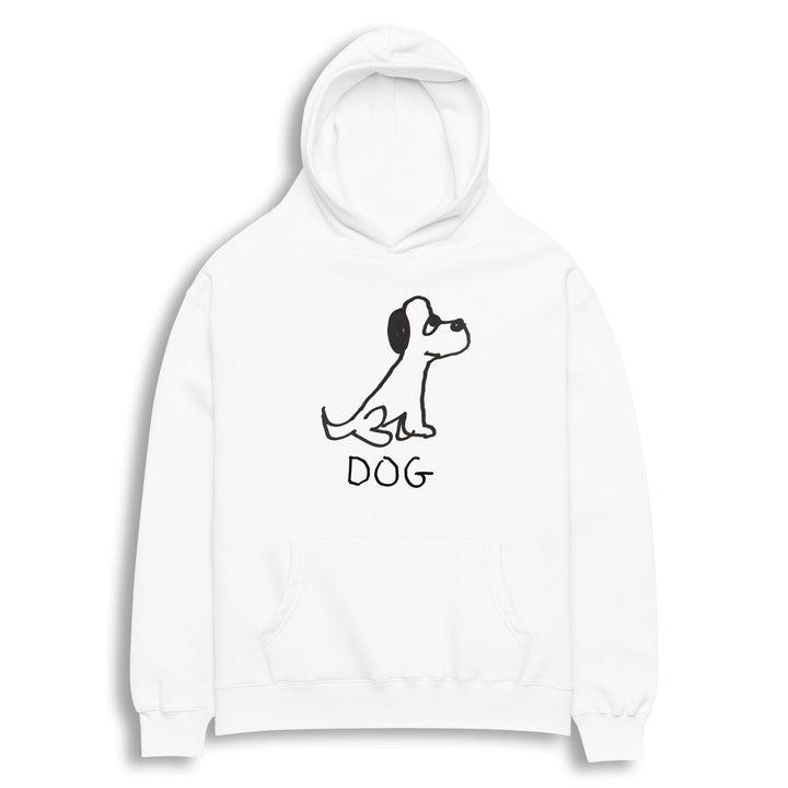 lo-fi Dog Hoodie — hand-drawn dog graphic on a white pullover hoodie