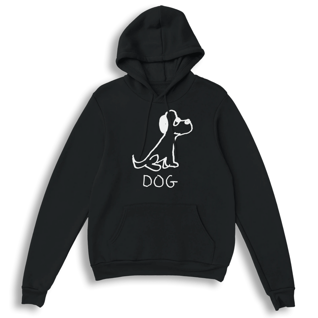 lo-fi Dog Hoodie — hand-drawn dog graphic on a black pullover hoodie