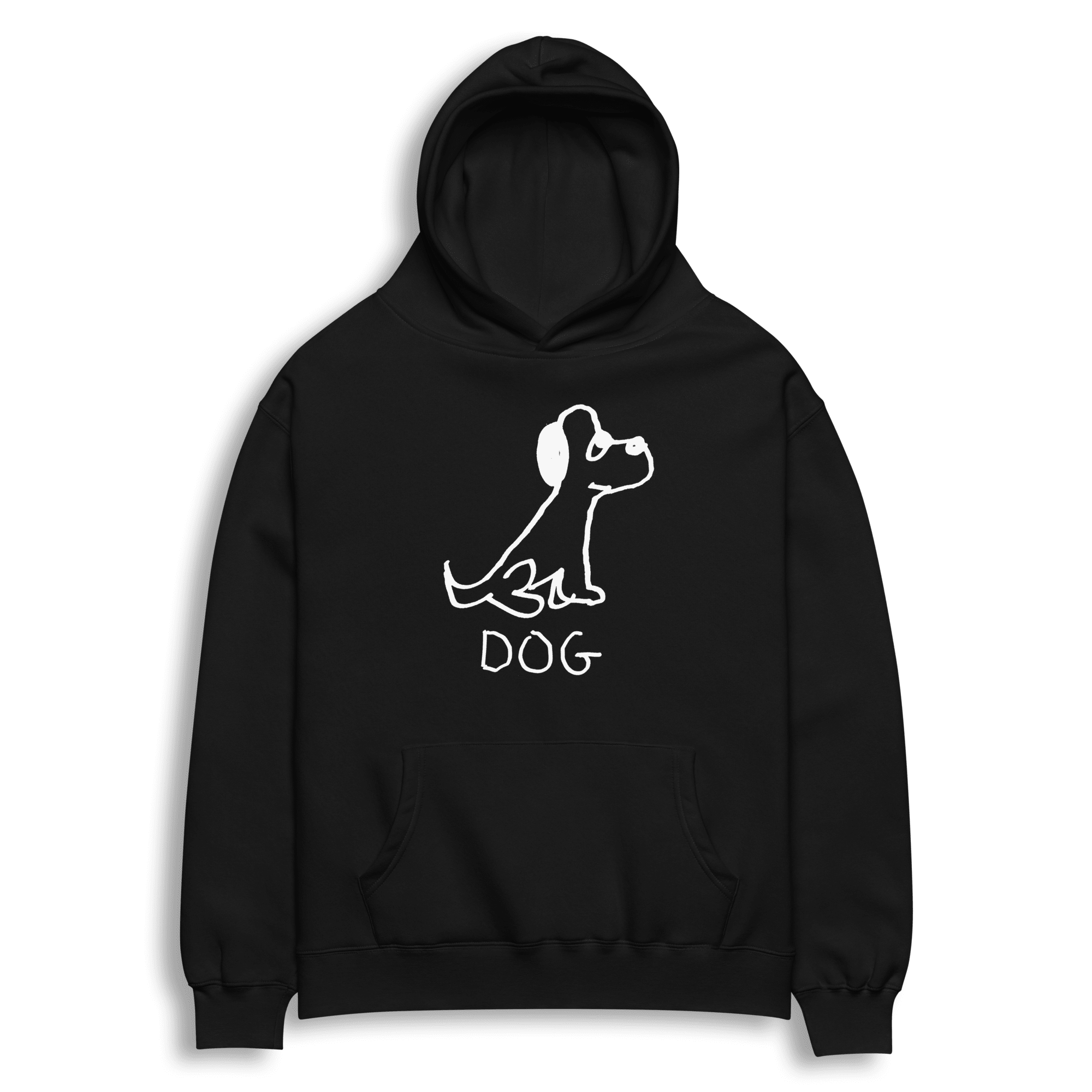 lo-fi Dog Hoodie — hand-drawn dog graphic on a black pullover hoodie