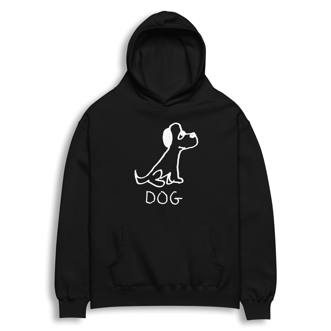 lo-fi Dog Hoodie — hand-drawn dog graphic on a black pullover hoodie