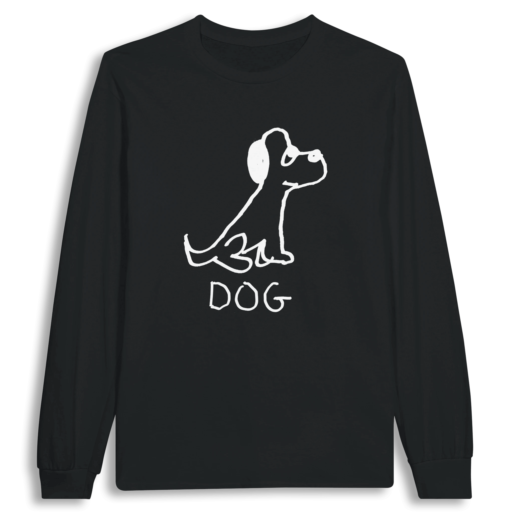 lo-fi Dog Long Sleeve Tee — hand-drawn dog graphic on a white long-sleeve t-shirt
