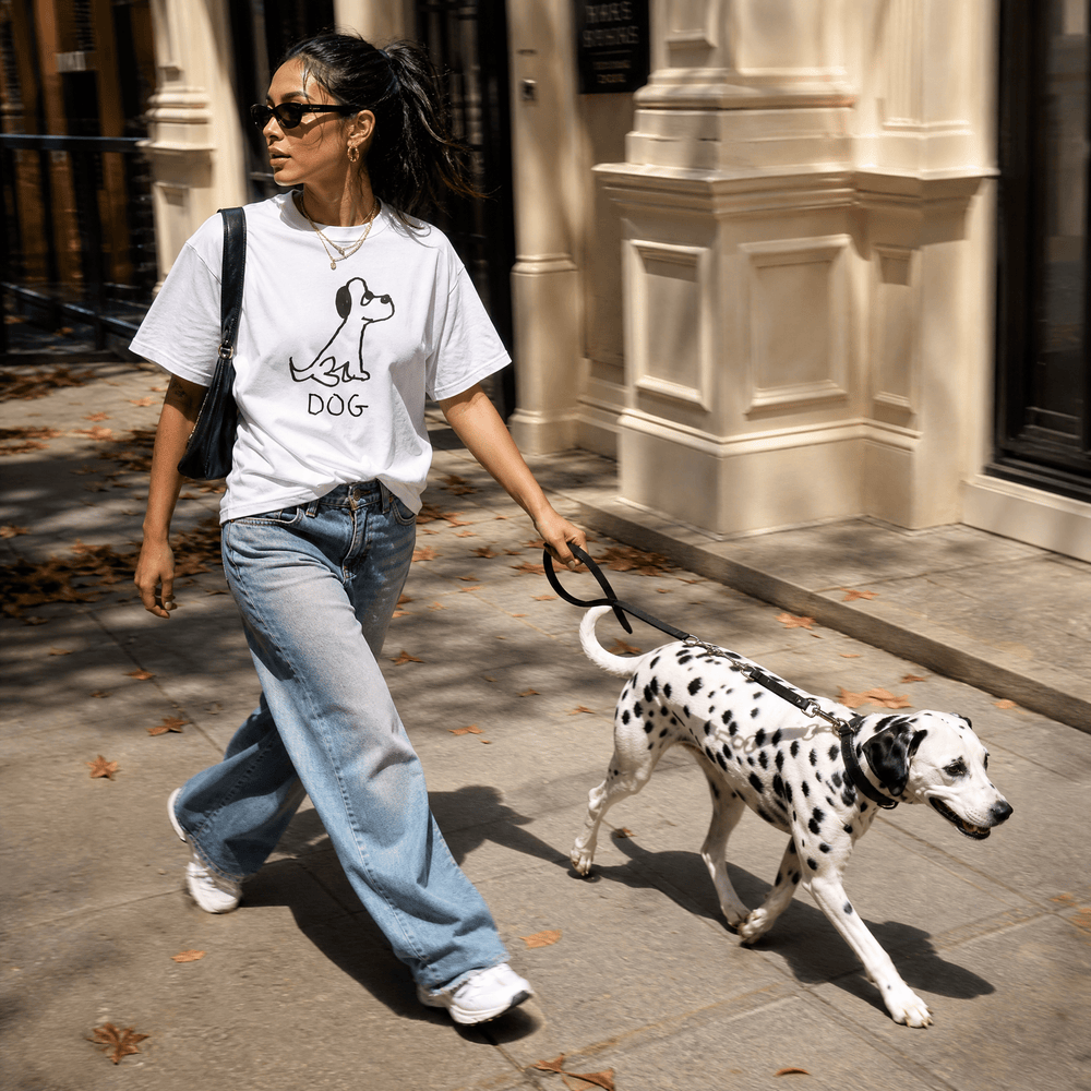 Woman walking a dog on a city street in a lo-fi Dog Women's Relaxed T-Shirt in white
