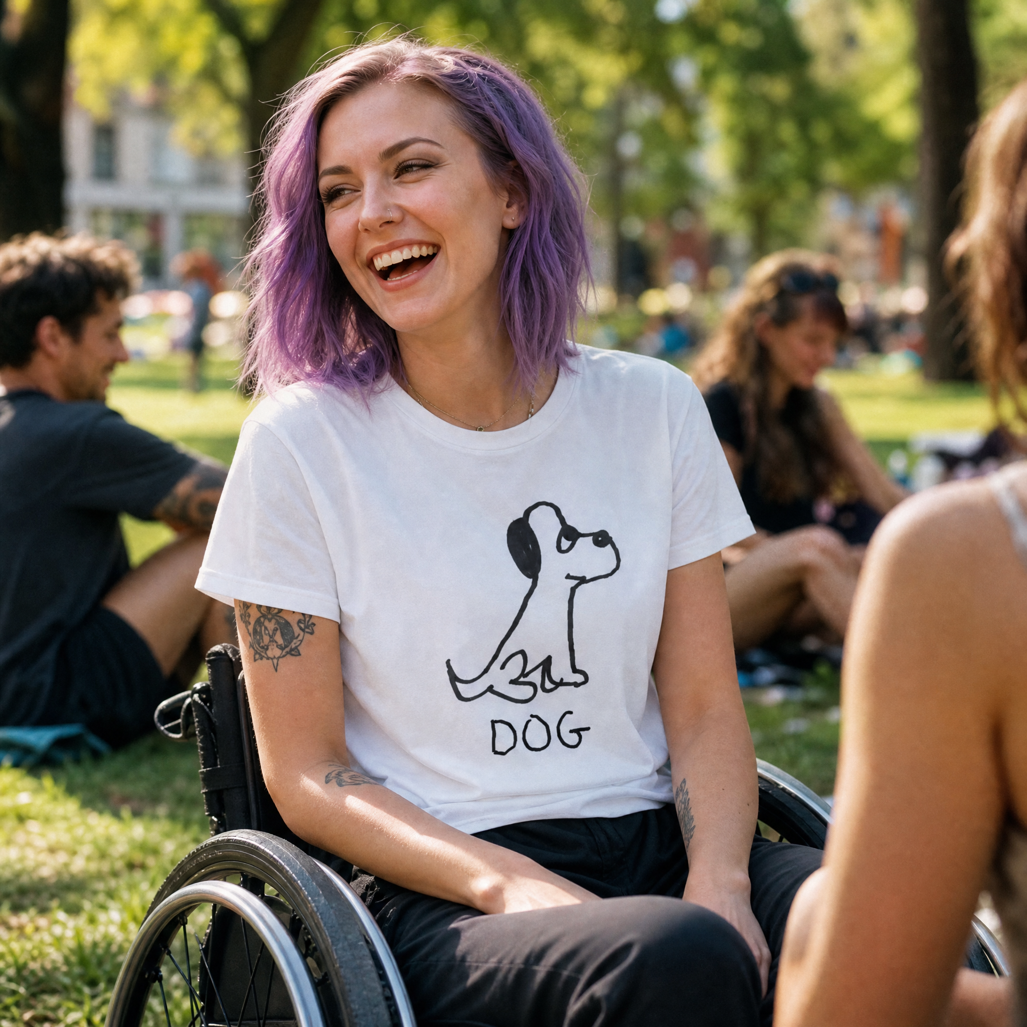 Woman in a park in a wheelchair wearing a lo-fi Dog Women's Relaxed T-Shirt in white