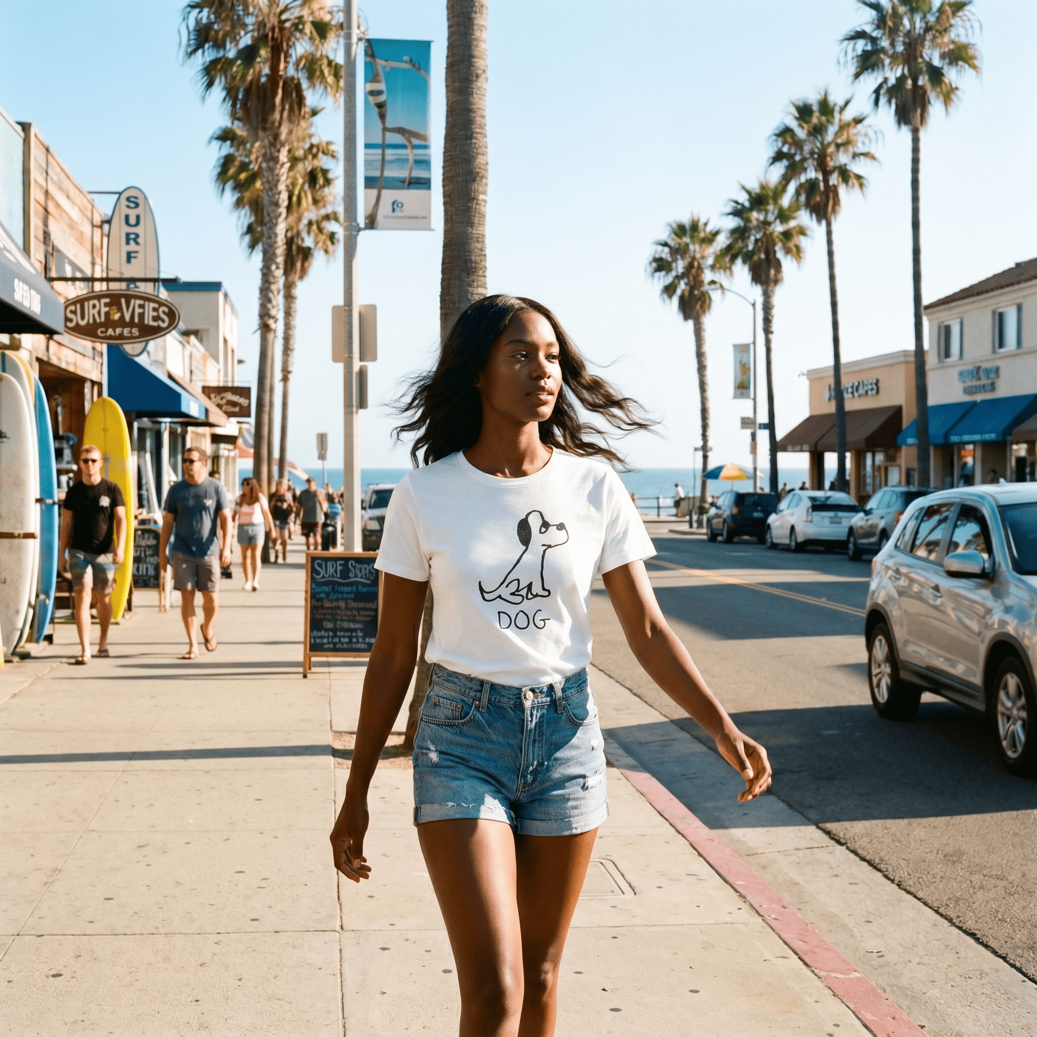Woman walking a palm-lined beach town street in a lo-fi Dog Women's Relaxed T-Shirt in white