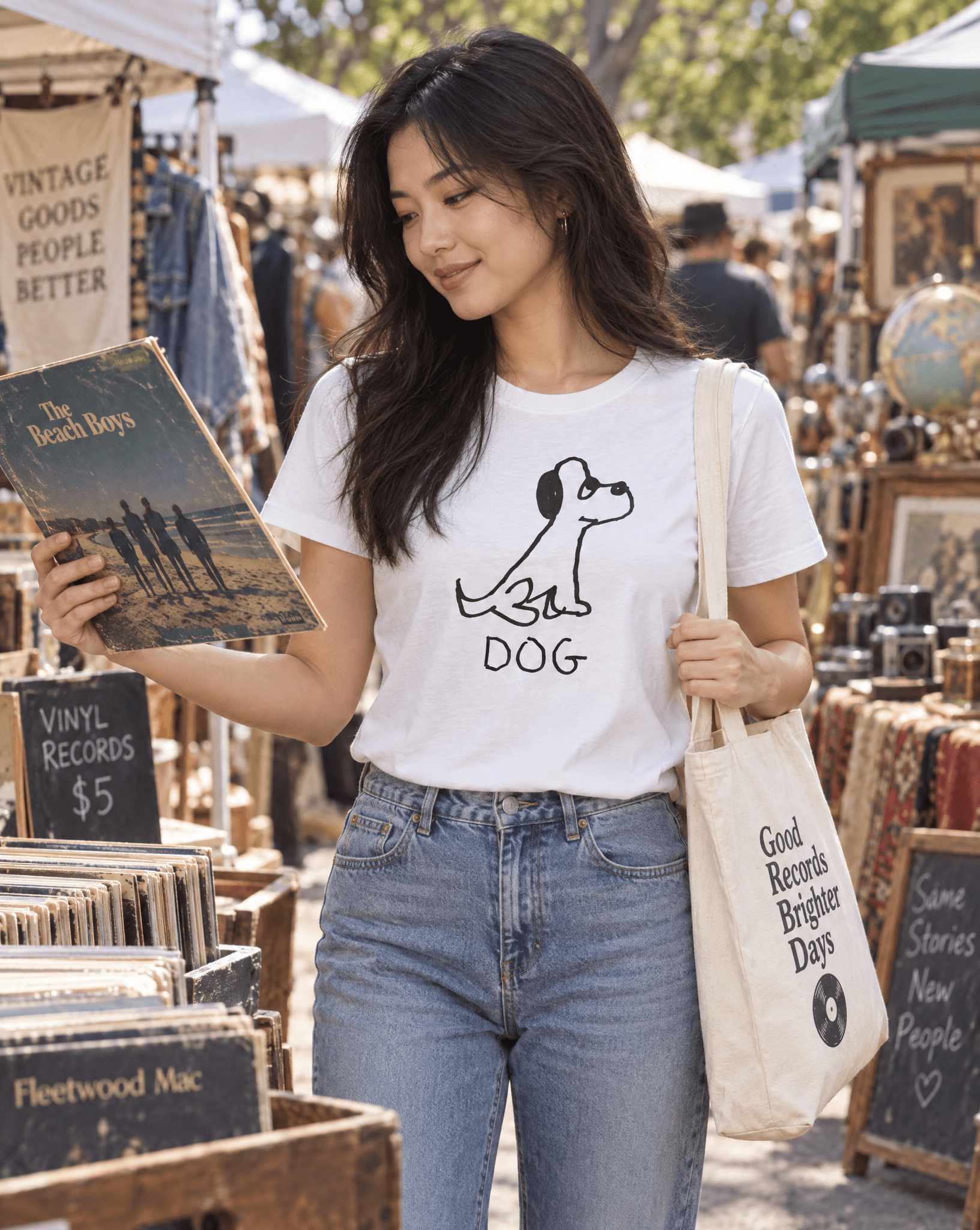 Sep 29 dog women's tee — vintage market lifestyle photo