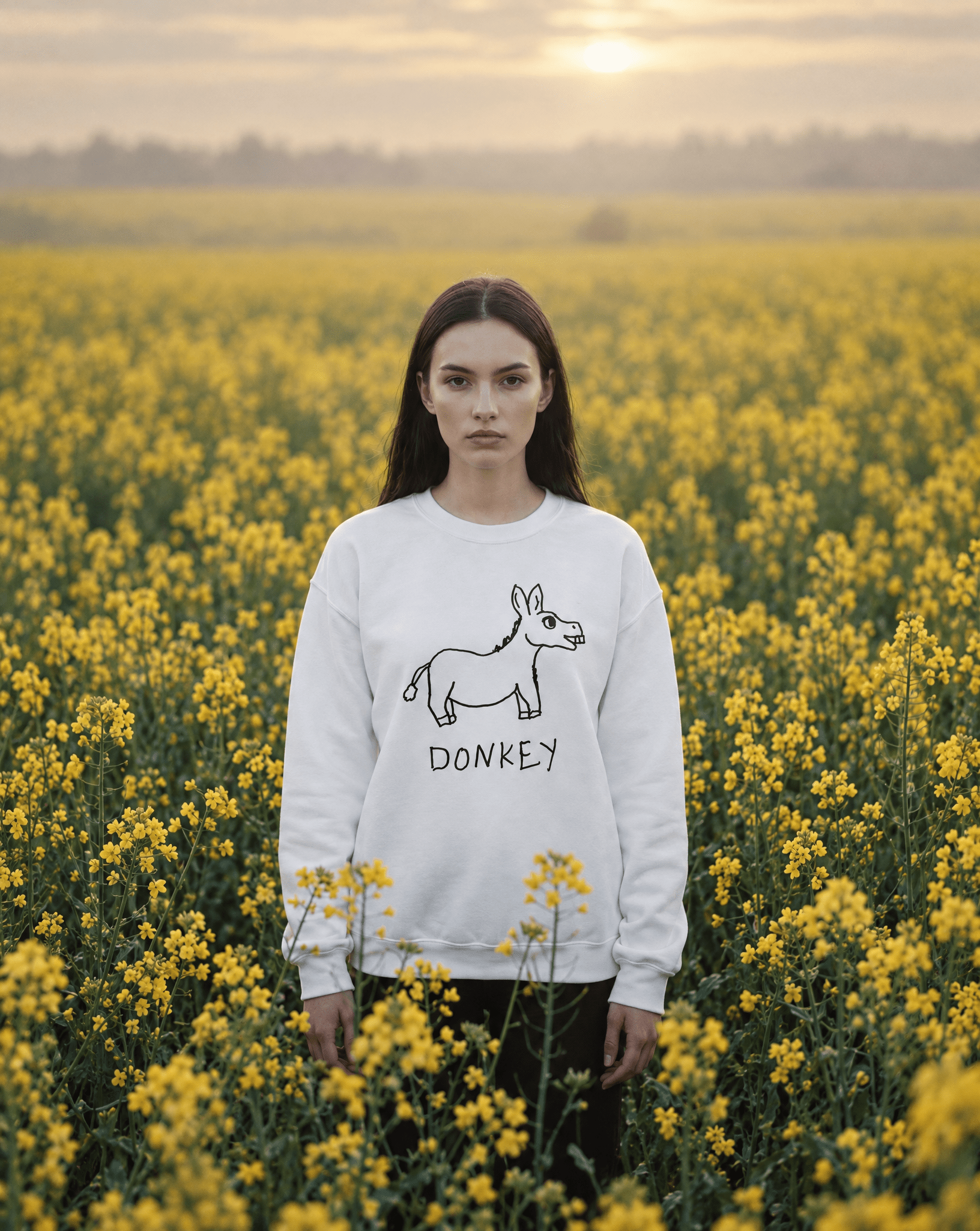 LoFi Donkey Crewneck Sweatshirt lifestyle photo — yellow blooms