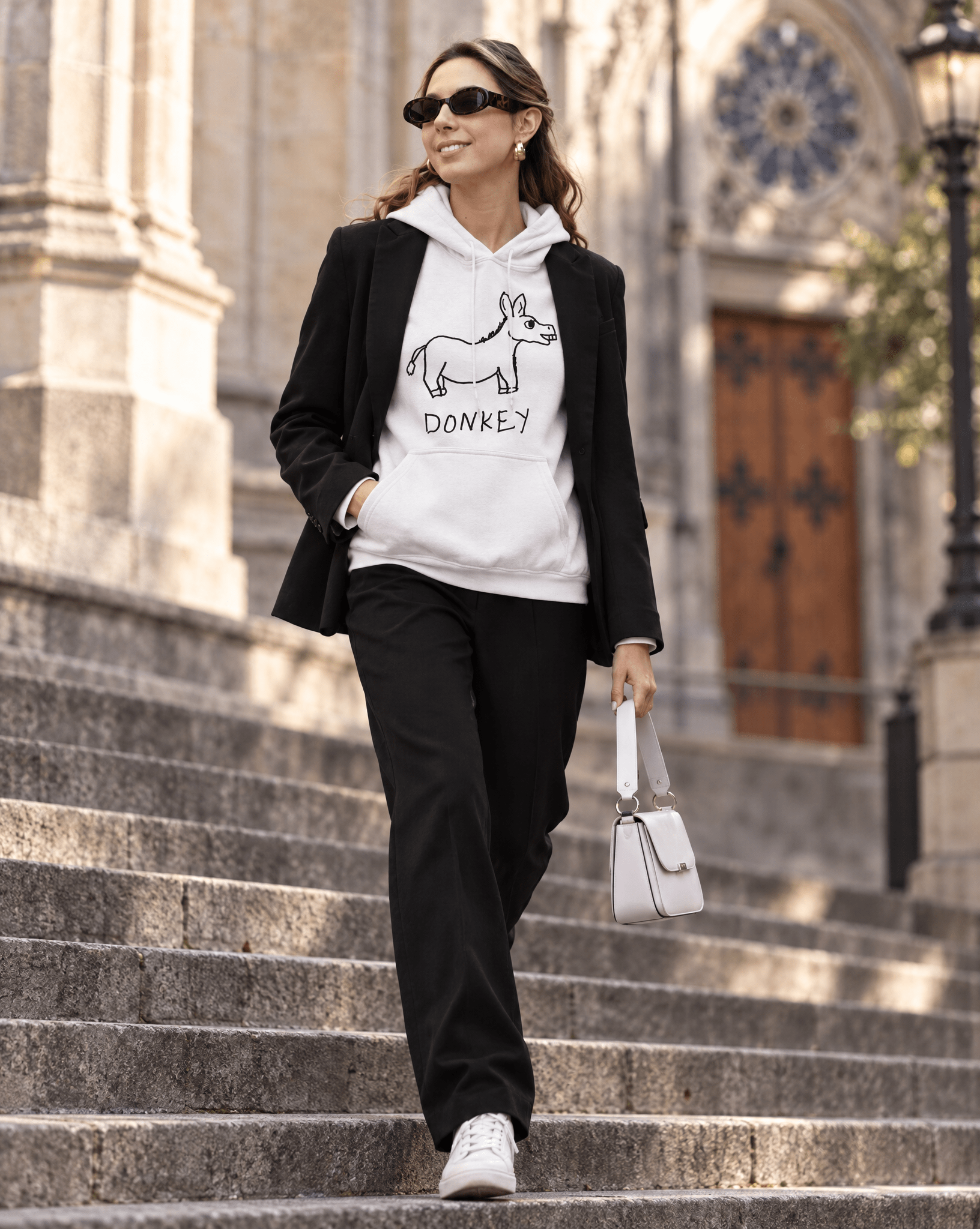 LoFi Donkey Hoodie lifestyle photo — city steps