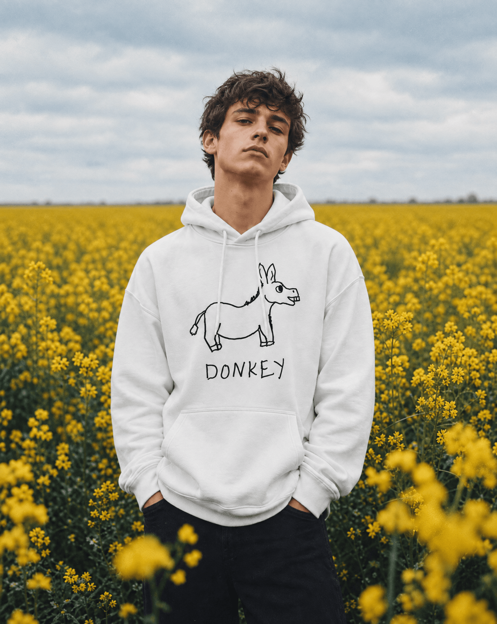 LoFi Donkey Hoodie lifestyle photo — yellow field