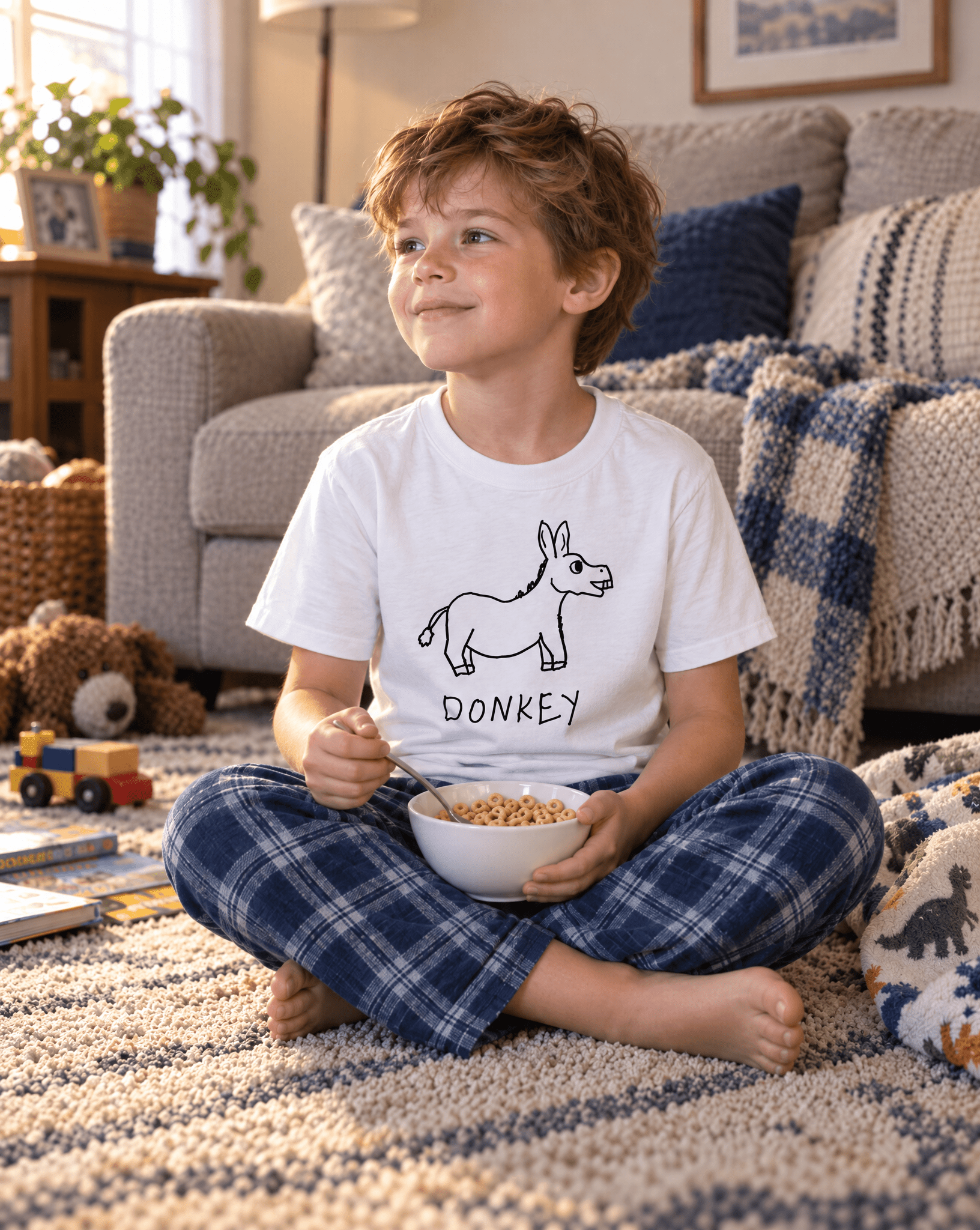 LoFi Donkey Kids Tee lifestyle photo — cereal morning