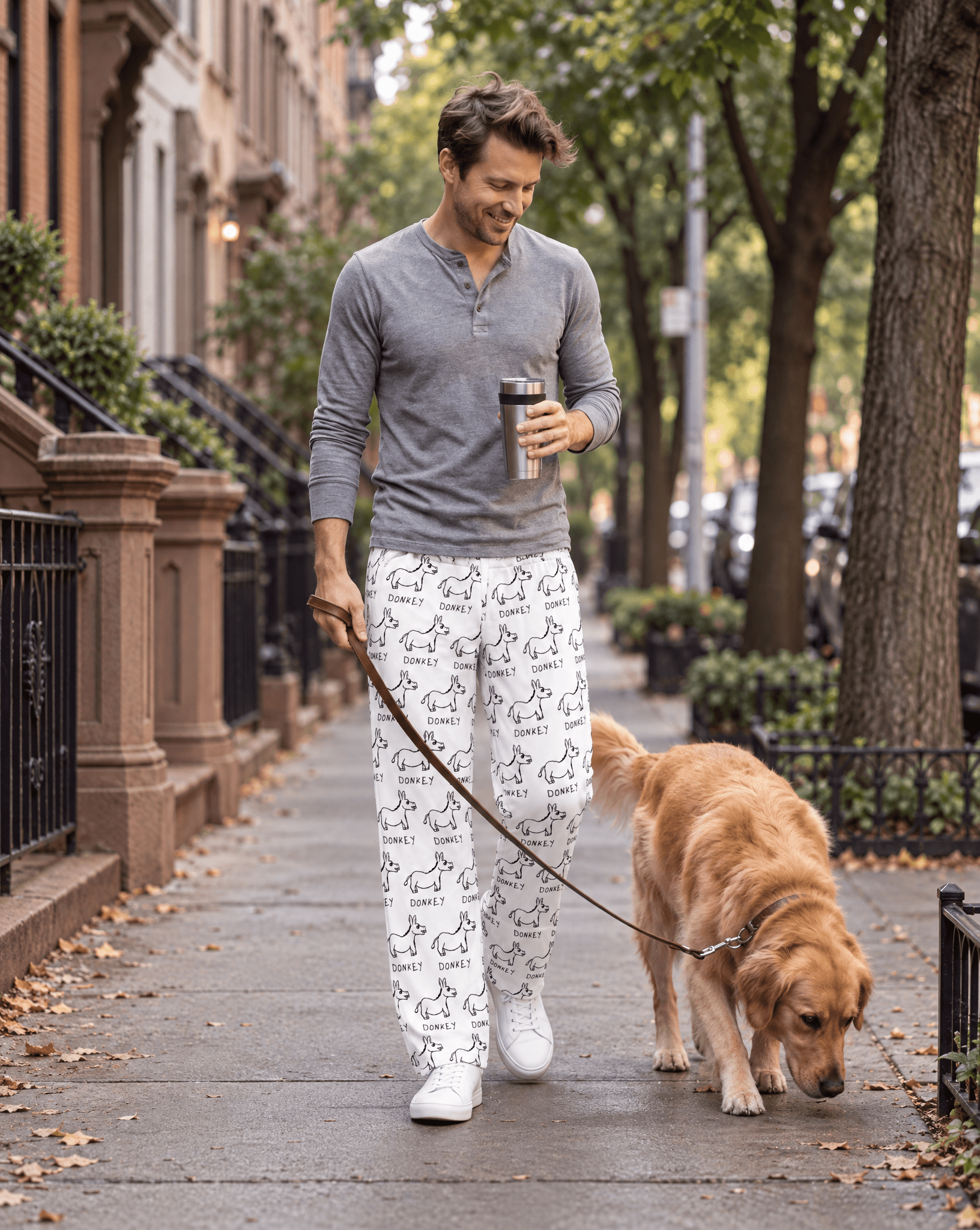 LoFi Donkey Lounge Pants lifestyle photo — neighborhood walk