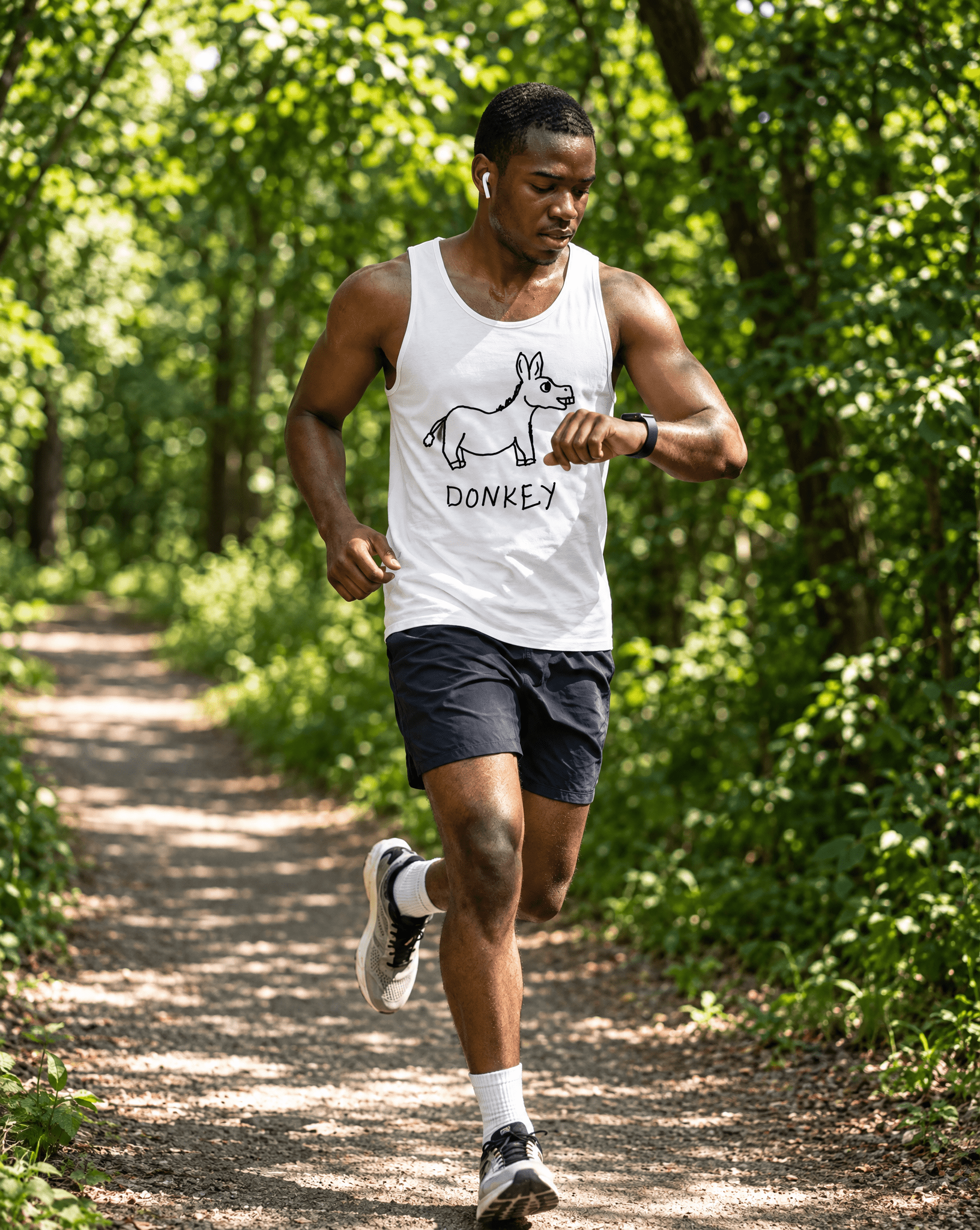 LoFi Donkey Tank Top lifestyle photo — wooded run