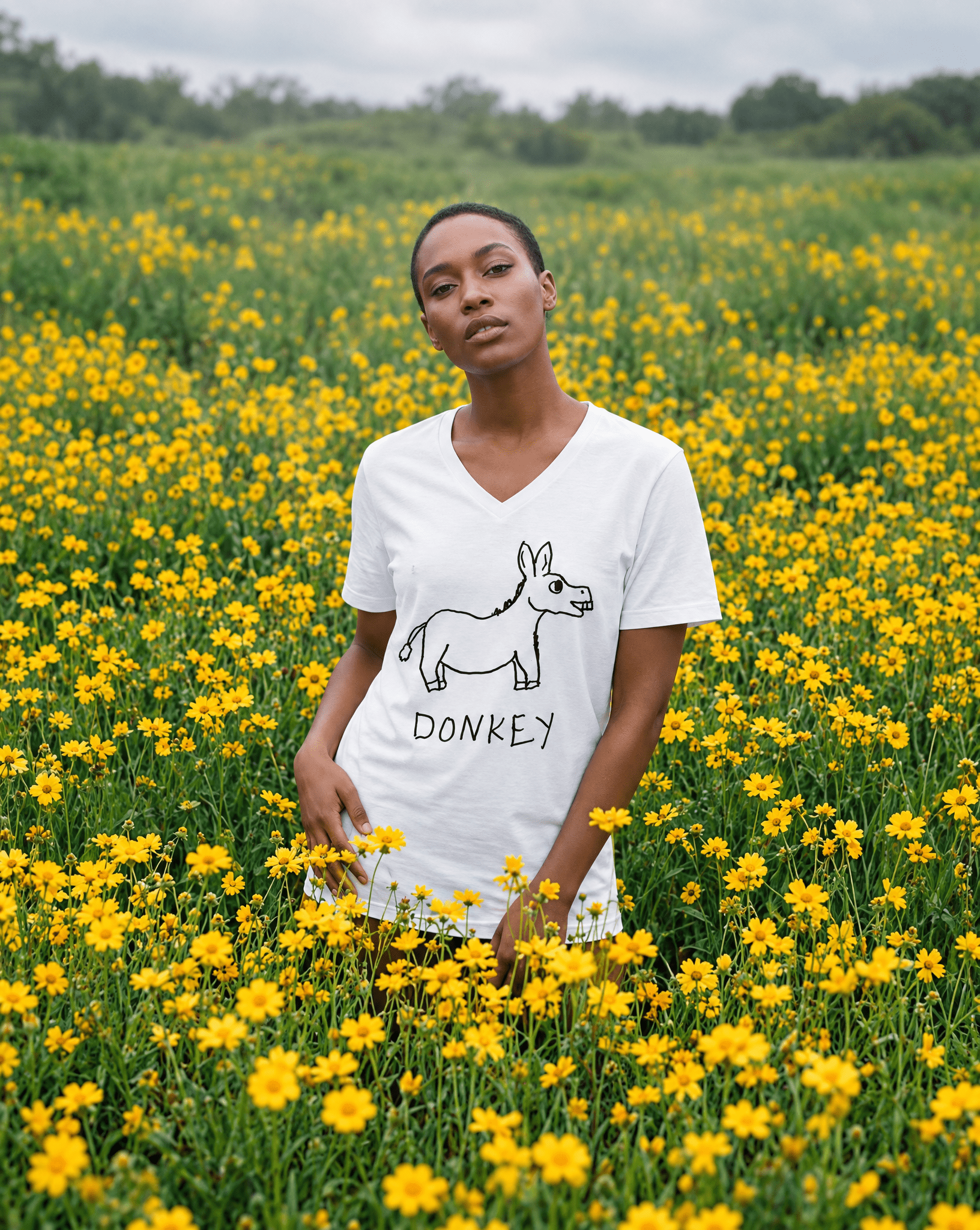 LoFi Donkey V-Neck Tee lifestyle photo — wildflowers