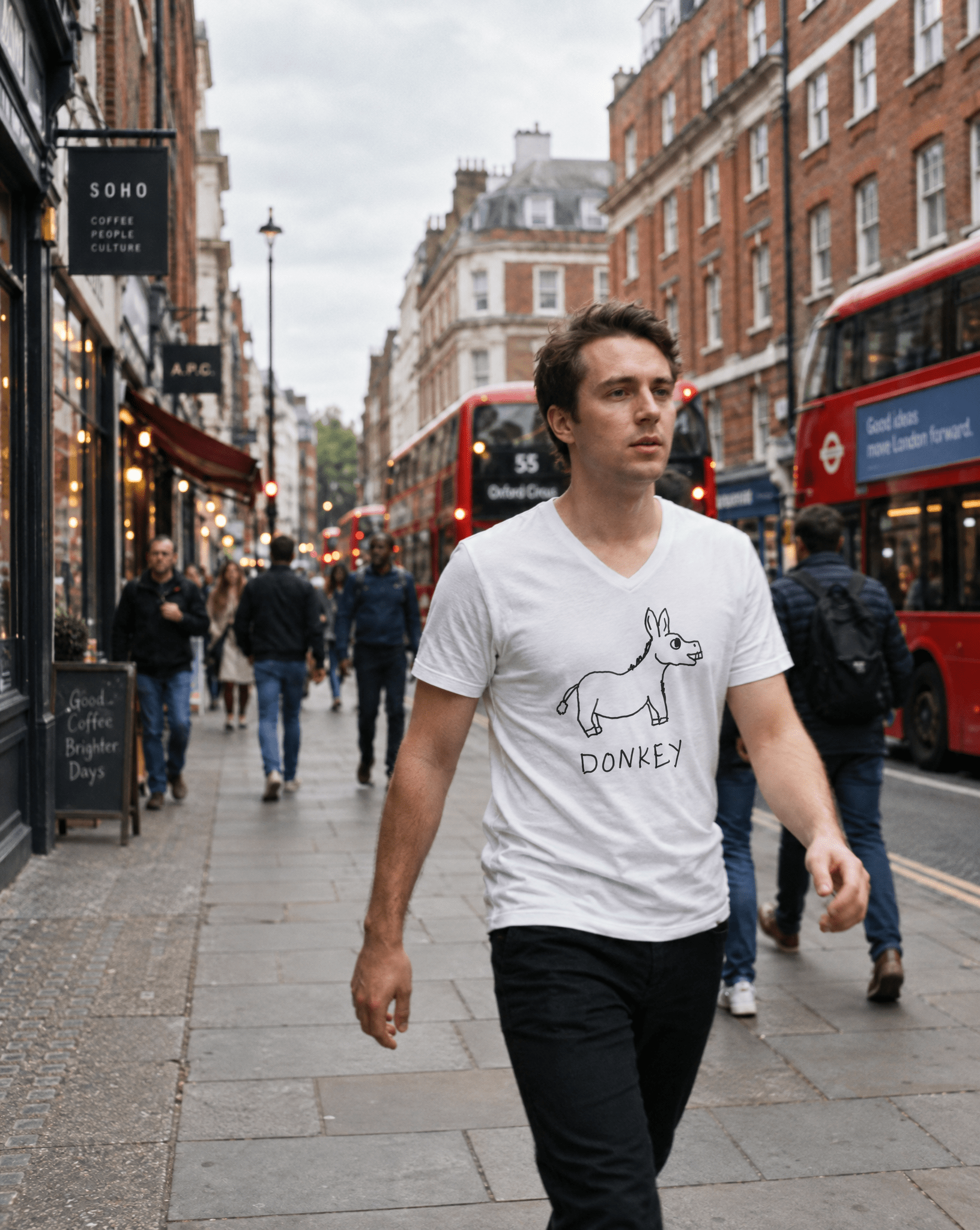 LoFi Donkey V-Neck Tee lifestyle photo — Soho walk