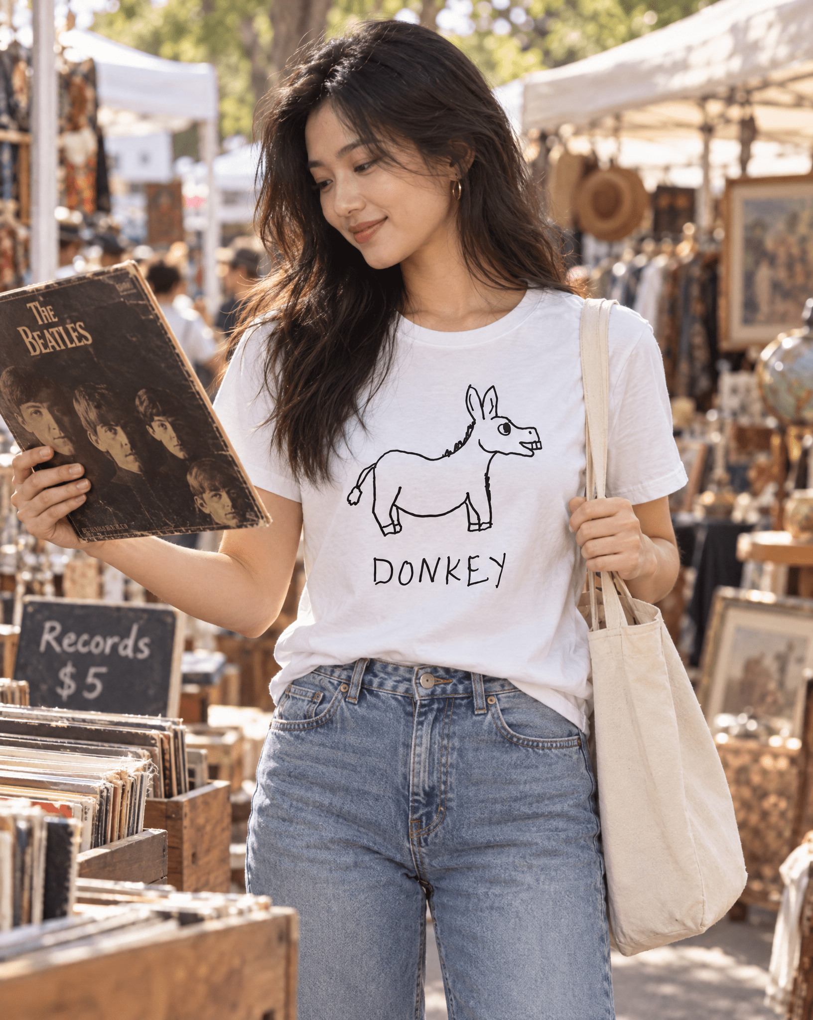 Sep 29 donkey women's tee — vintage market lifestyle photo