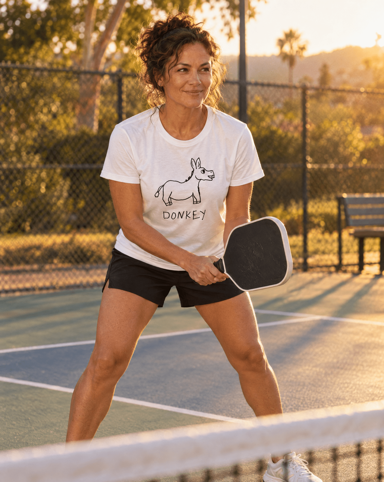 Sep 29 donkey women's tee — pickleball lifestyle photo