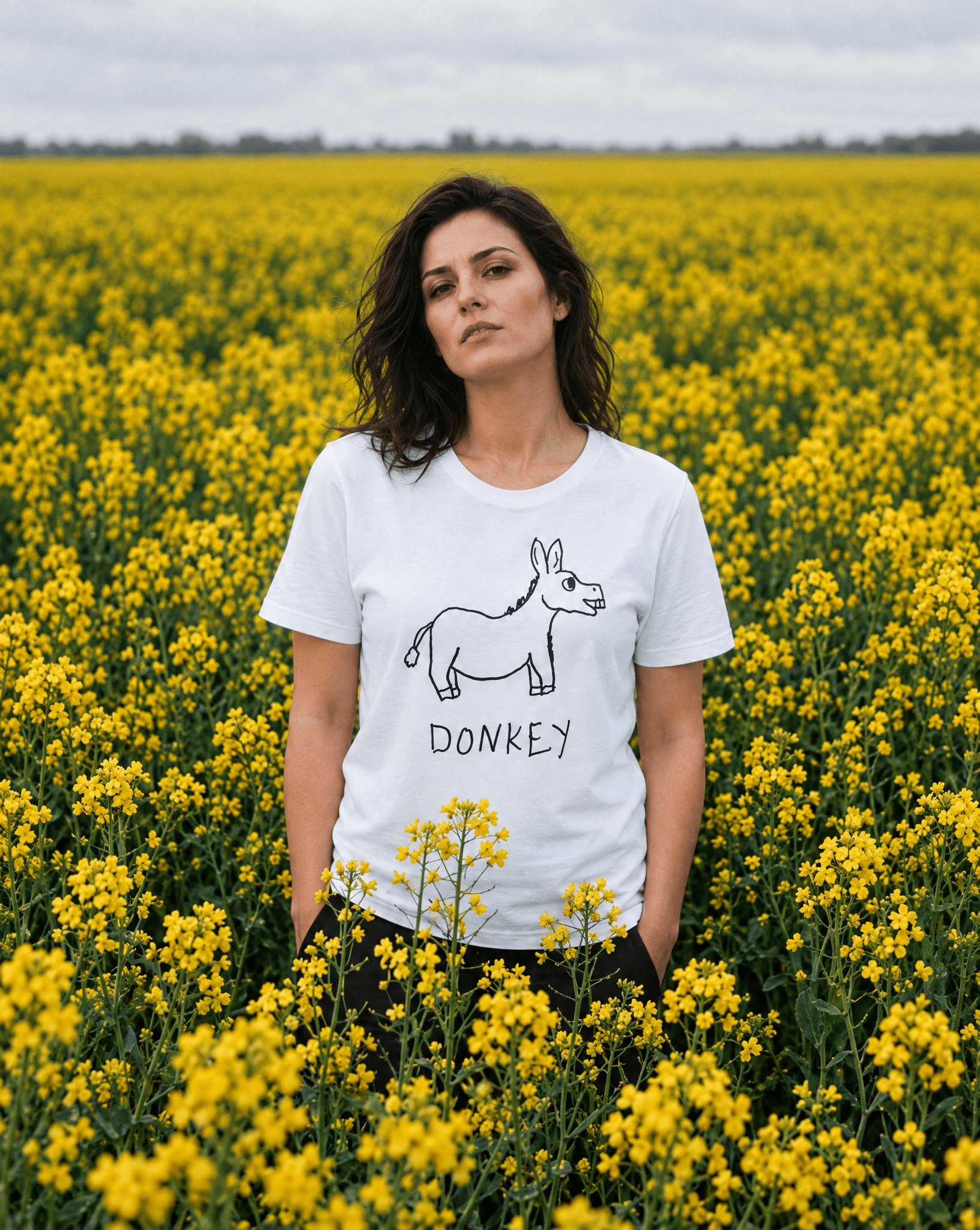 LoFi Donkey Women's Tee lifestyle photo — flower field