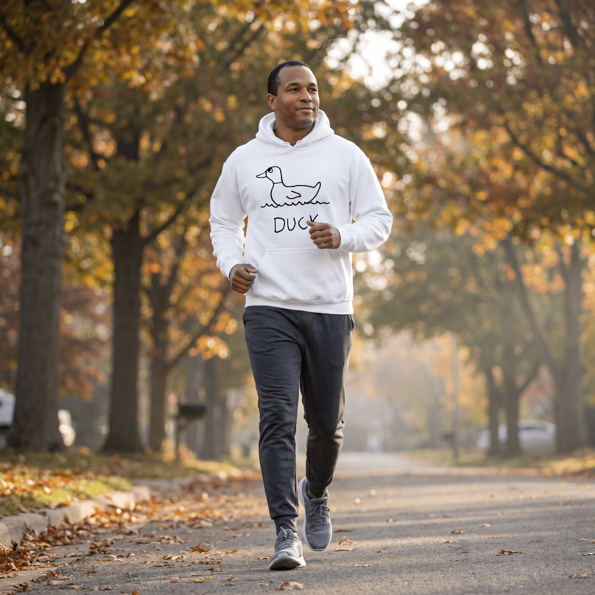 lo-fi Duck Hoodie — hand-drawn duck graphic on a white pullover hoodie