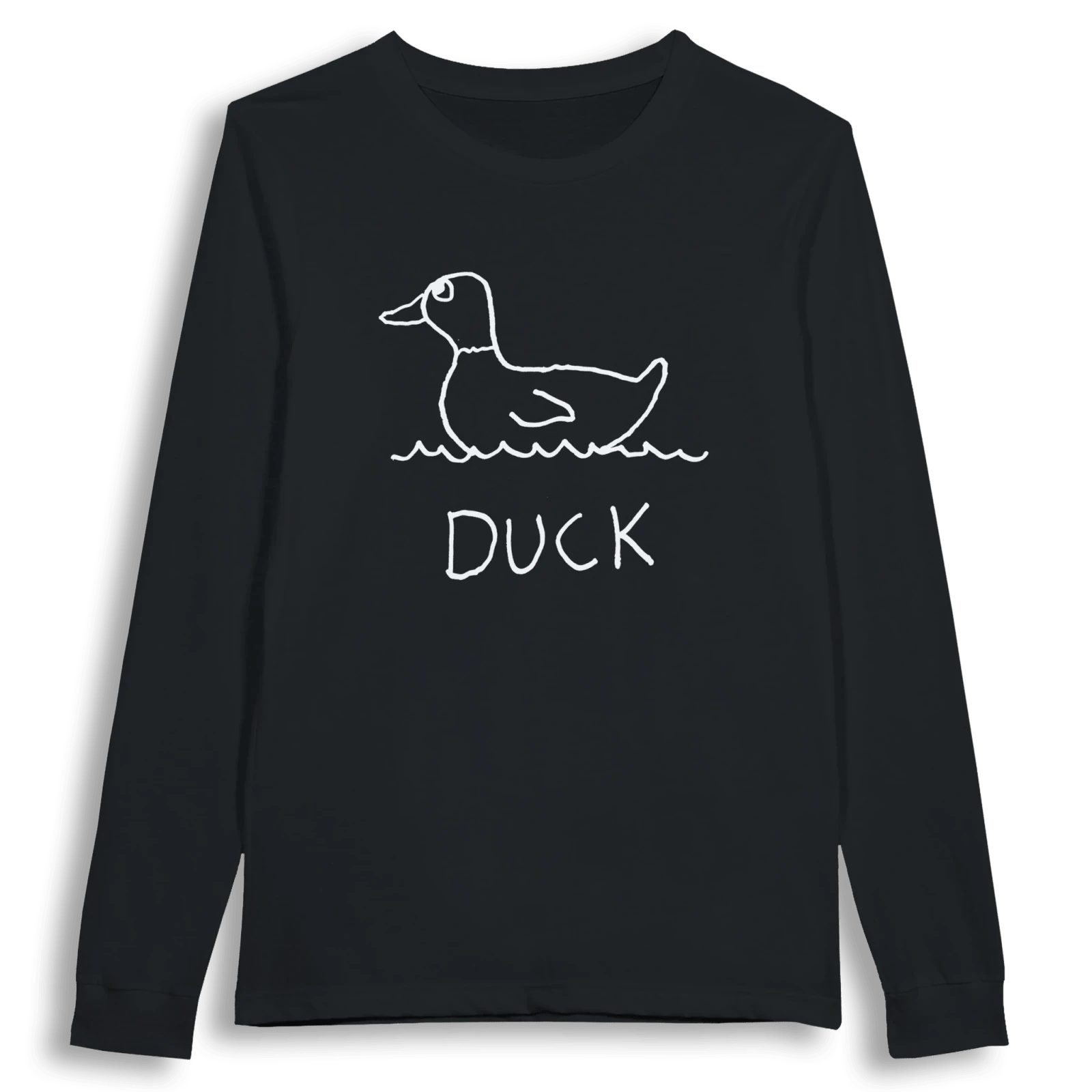 lo-fi Duck Long Sleeve Tee — hand-drawn duck graphic on a white long-sleeve t-shirt