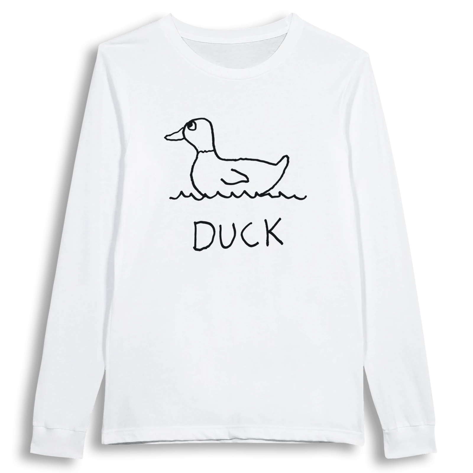 lo-fi Duck Long Sleeve Tee — hand-drawn duck graphic on a white long-sleeve t-shirt