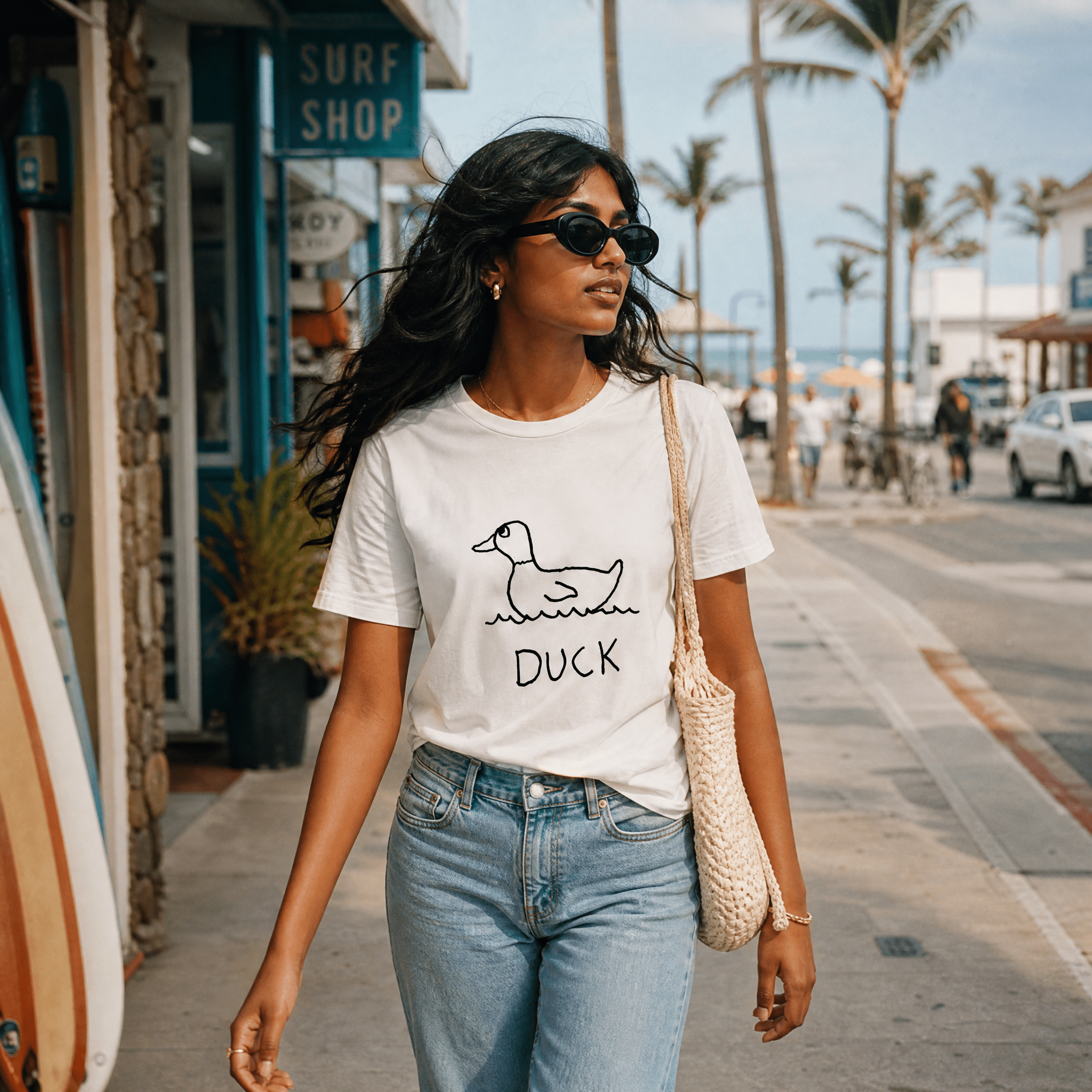 Woman walking a palm-lined beach town street in a lo-fi Duck Women's Relaxed T-Shirt in white