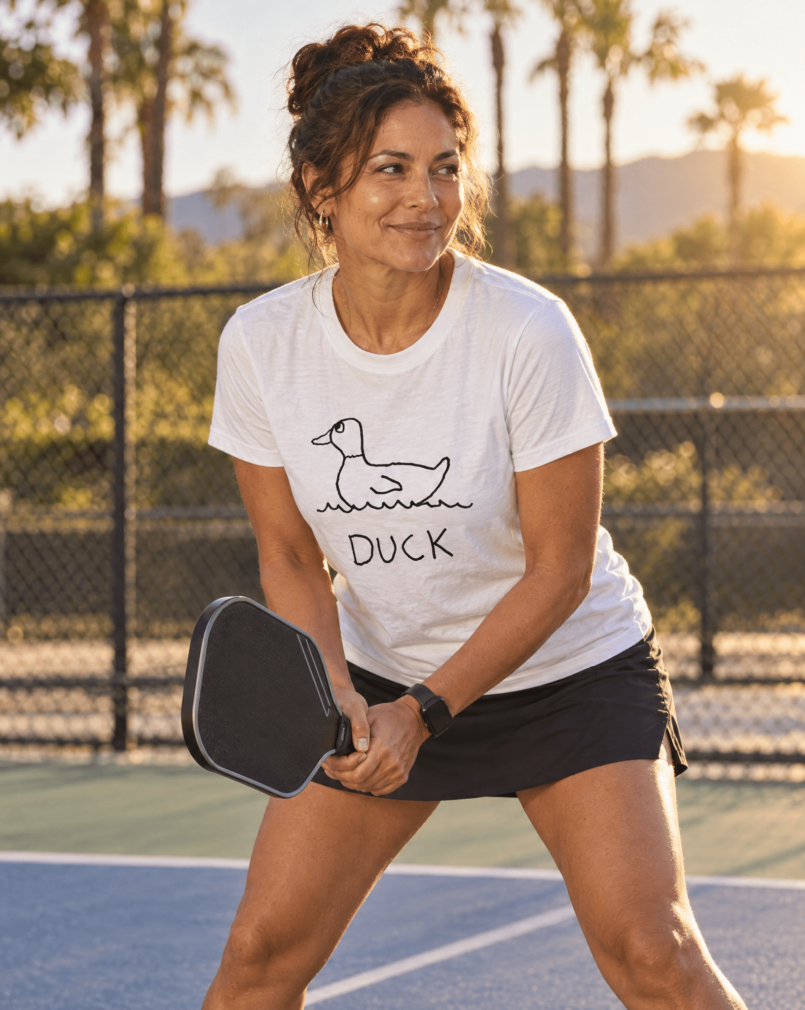 Sep 29 duck women's tee — pickleball lifestyle photo