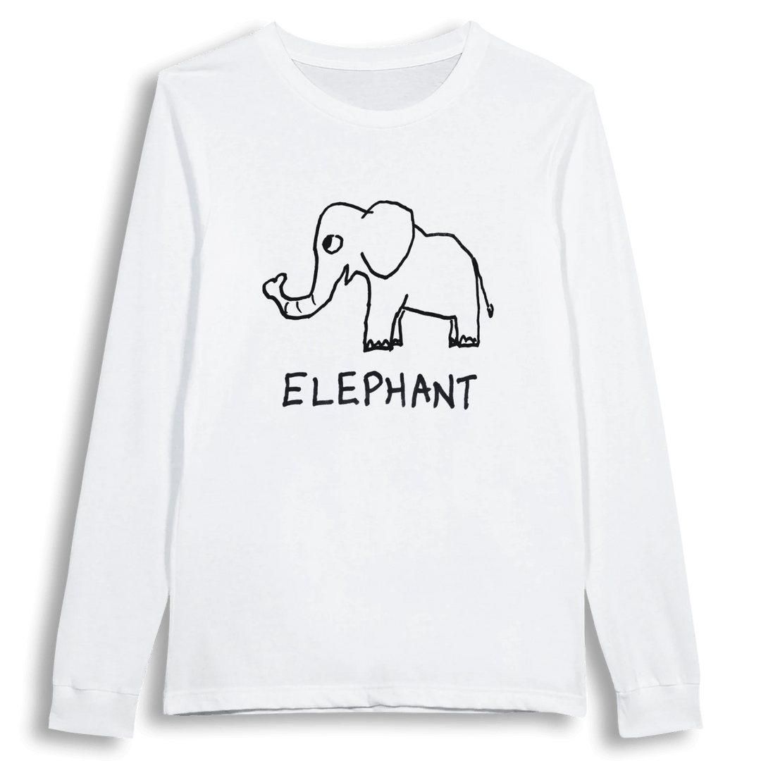 lo-fi Elephant Long Sleeve Tee — hand-drawn elephant graphic on a white long-sleeve t-shirt