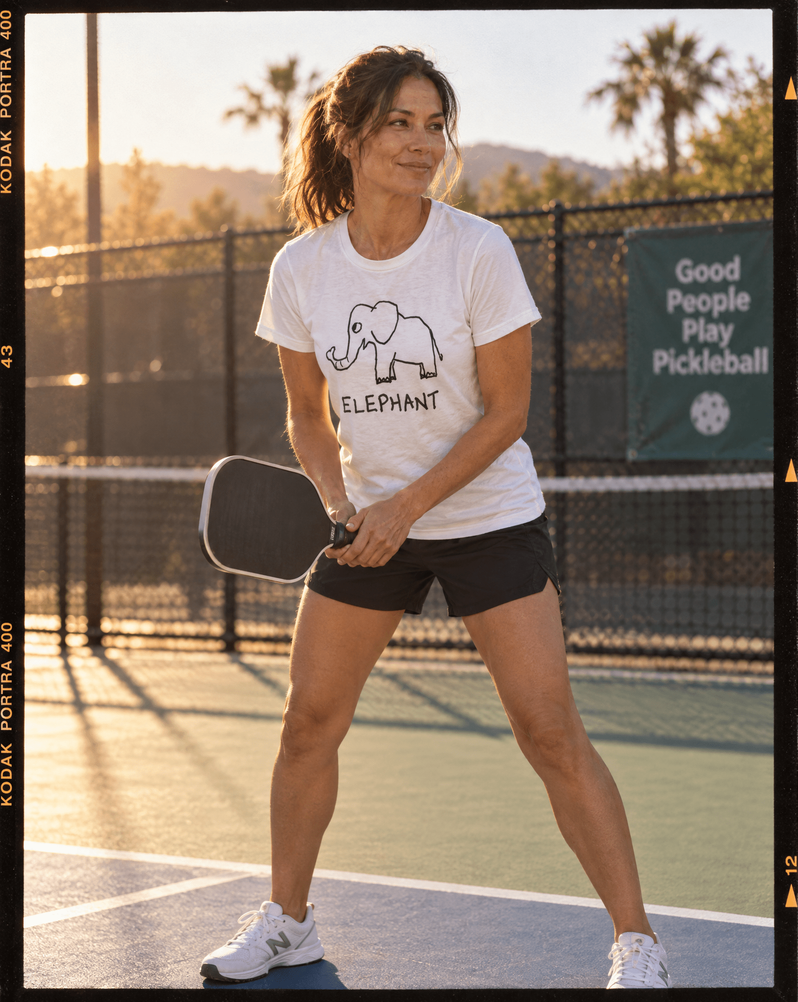 Sep 29 elephant women's tee — pickleball lifestyle photo