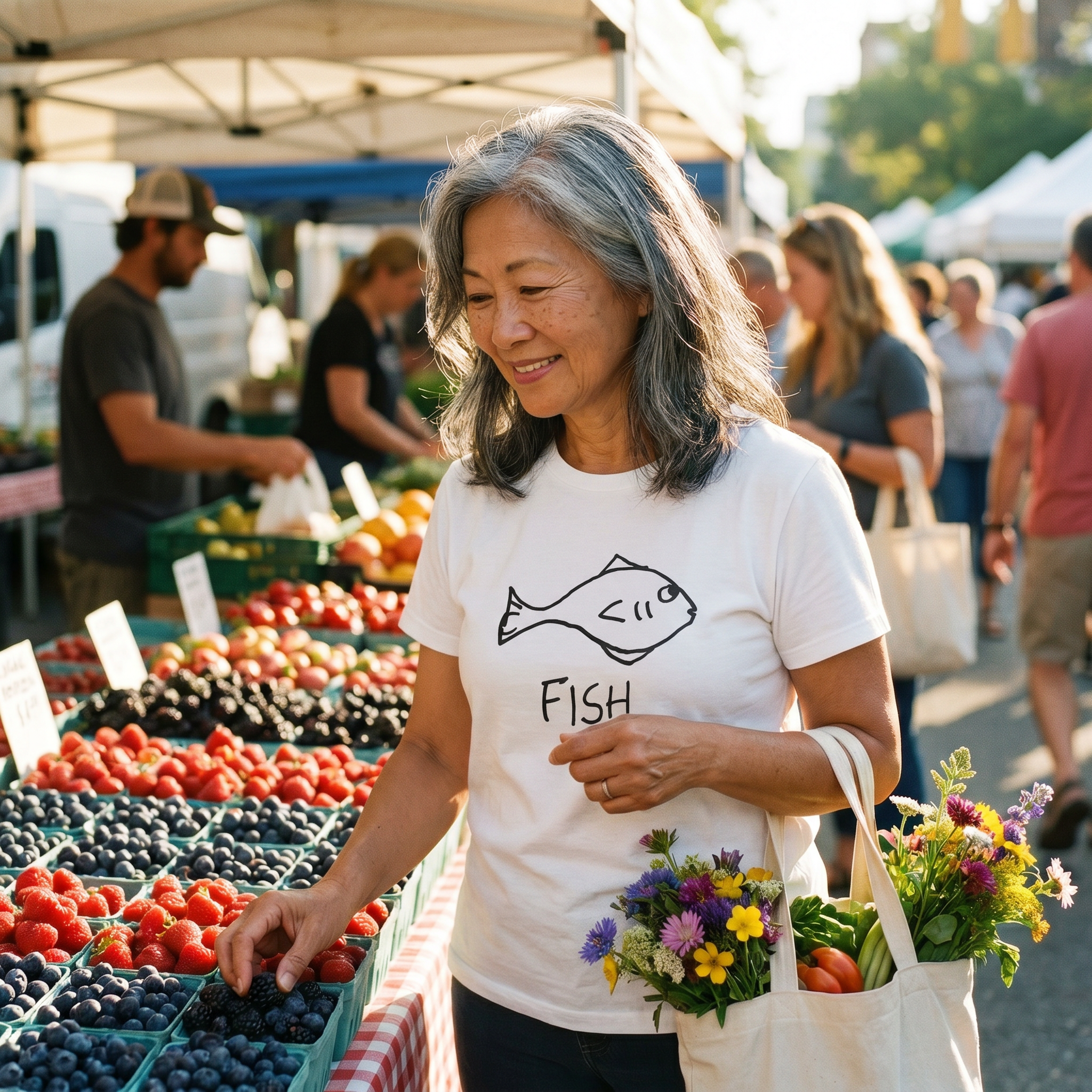 Woman browsing berries at a farmers market wearing a lo-fi Fish Classic Tee