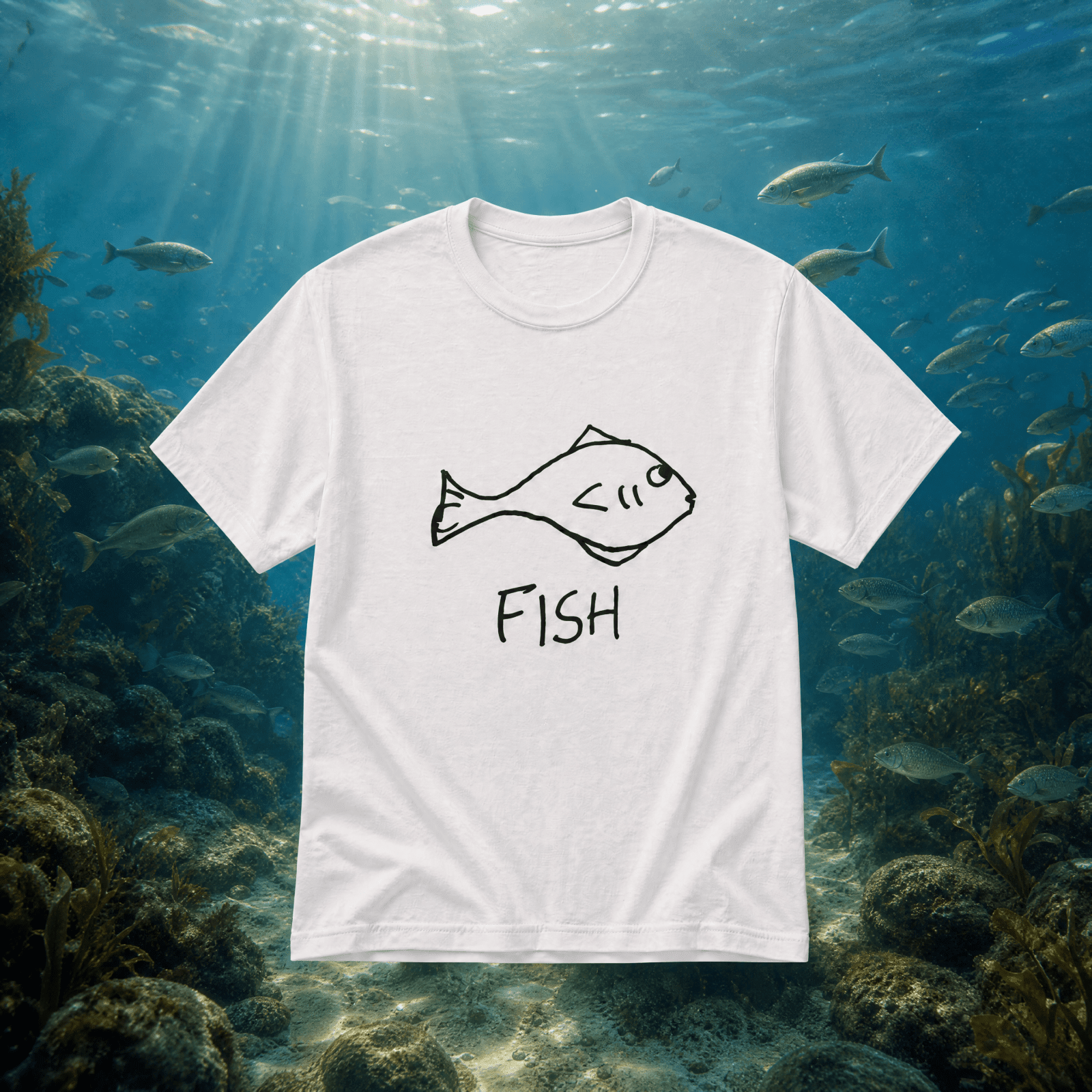 lo-fi Fish Classic Tee laid on a coral reef underwater scene