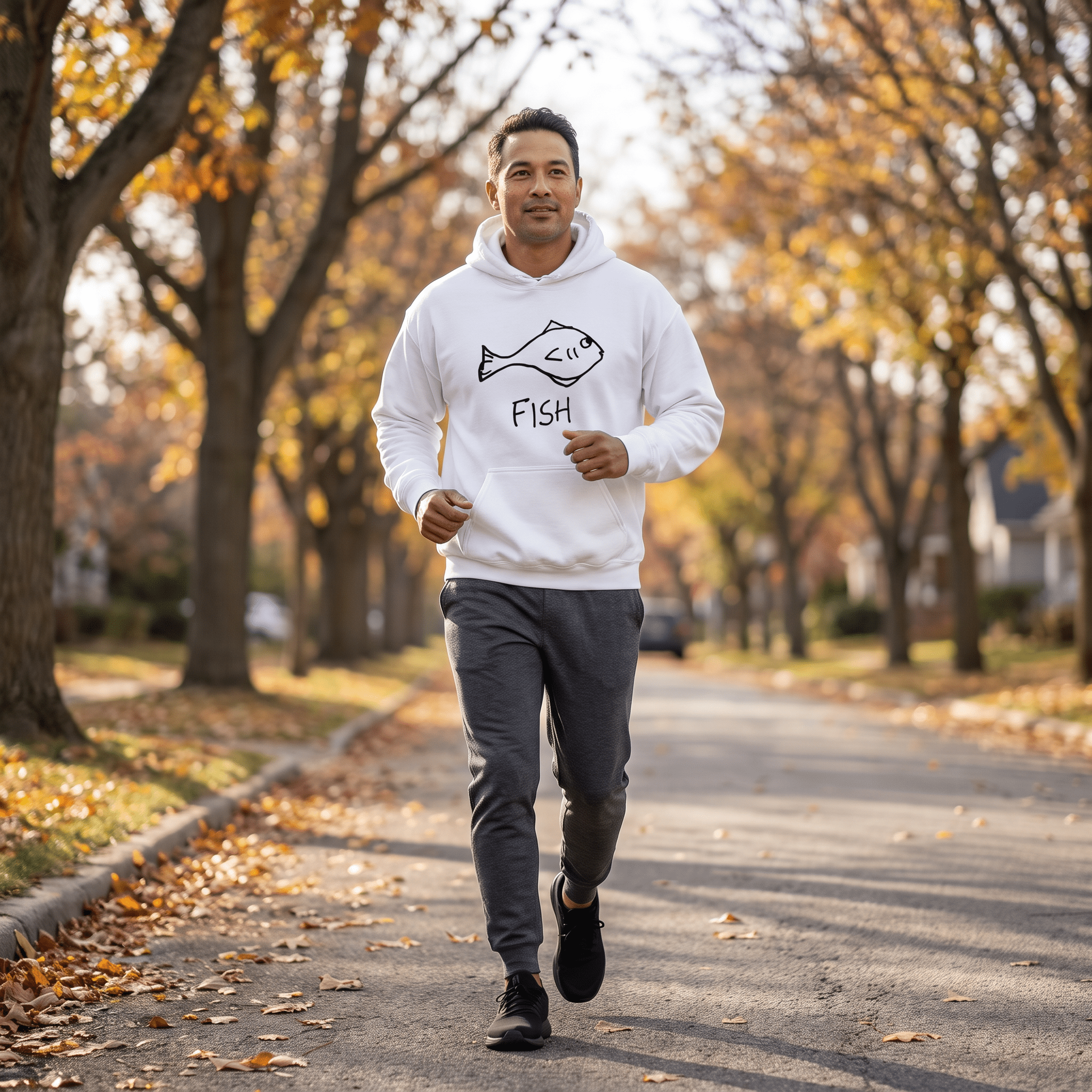 lo-fi Fish Hoodie — hand-drawn fish graphic on a white pullover hoodie