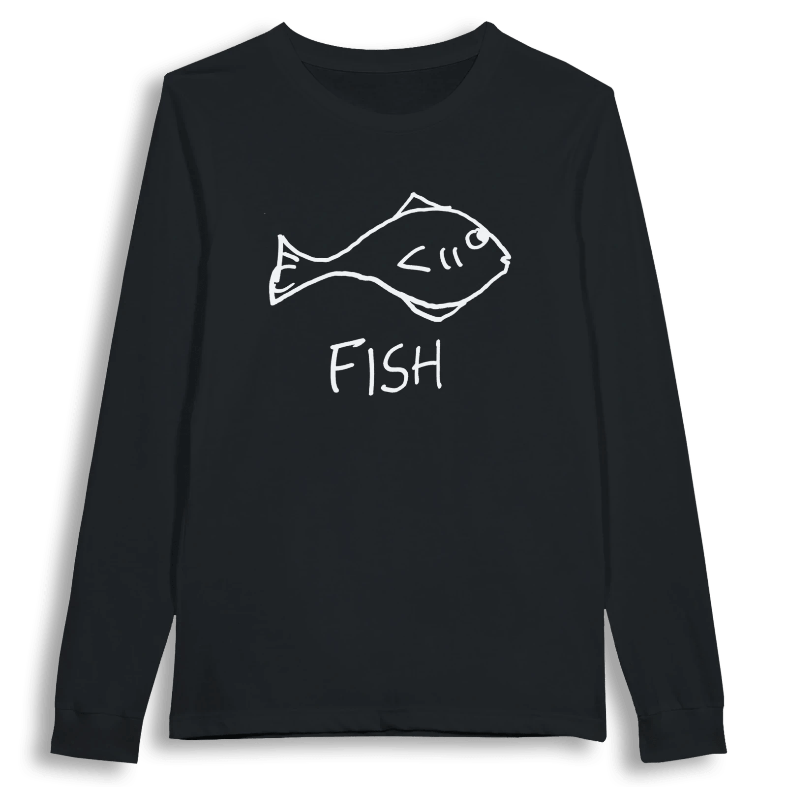 lo-fi Fish Long Sleeve Tee — hand-drawn fish graphic on a white long-sleeve t-shirt