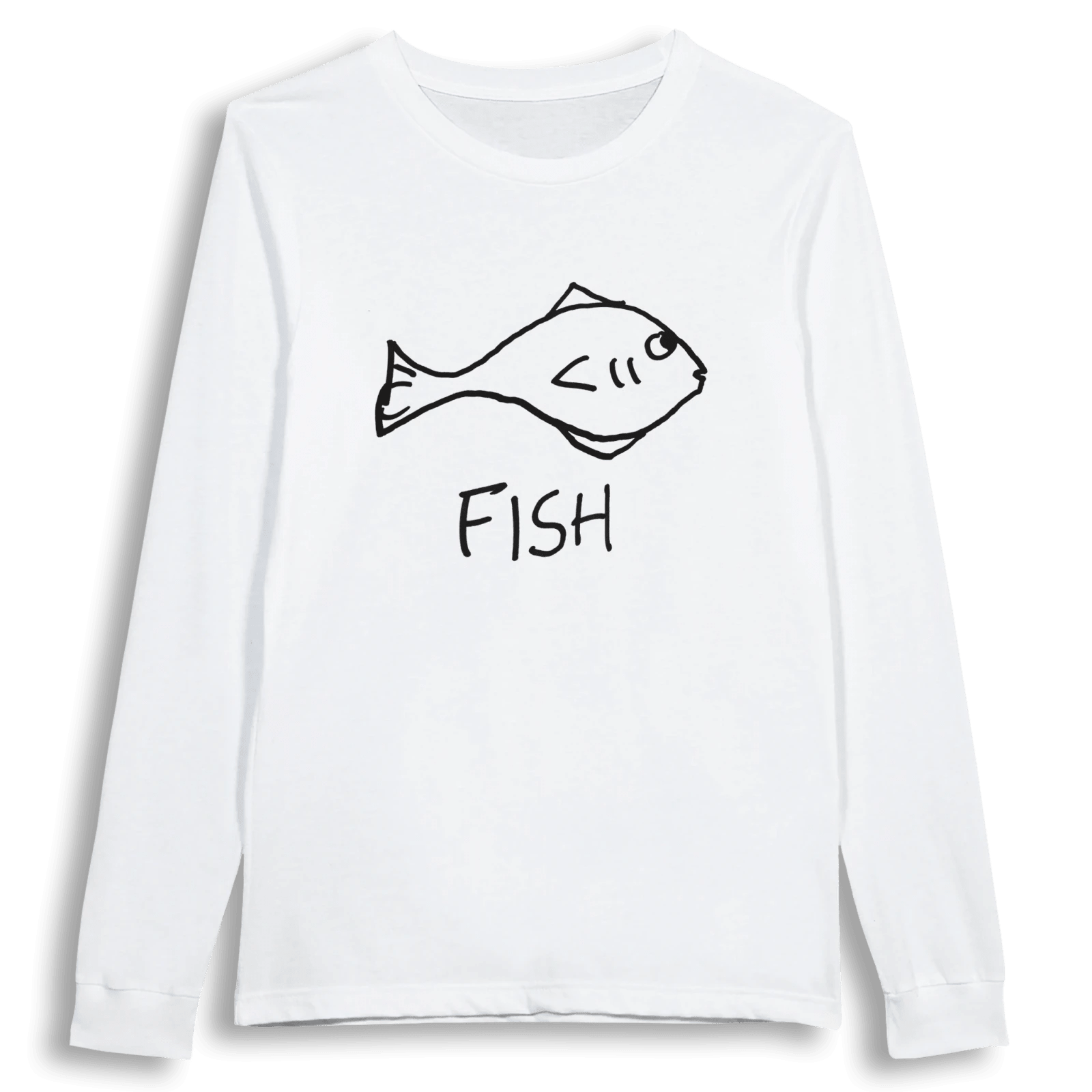 lo-fi Fish Long Sleeve Tee — hand-drawn fish graphic on a white long-sleeve t-shirt