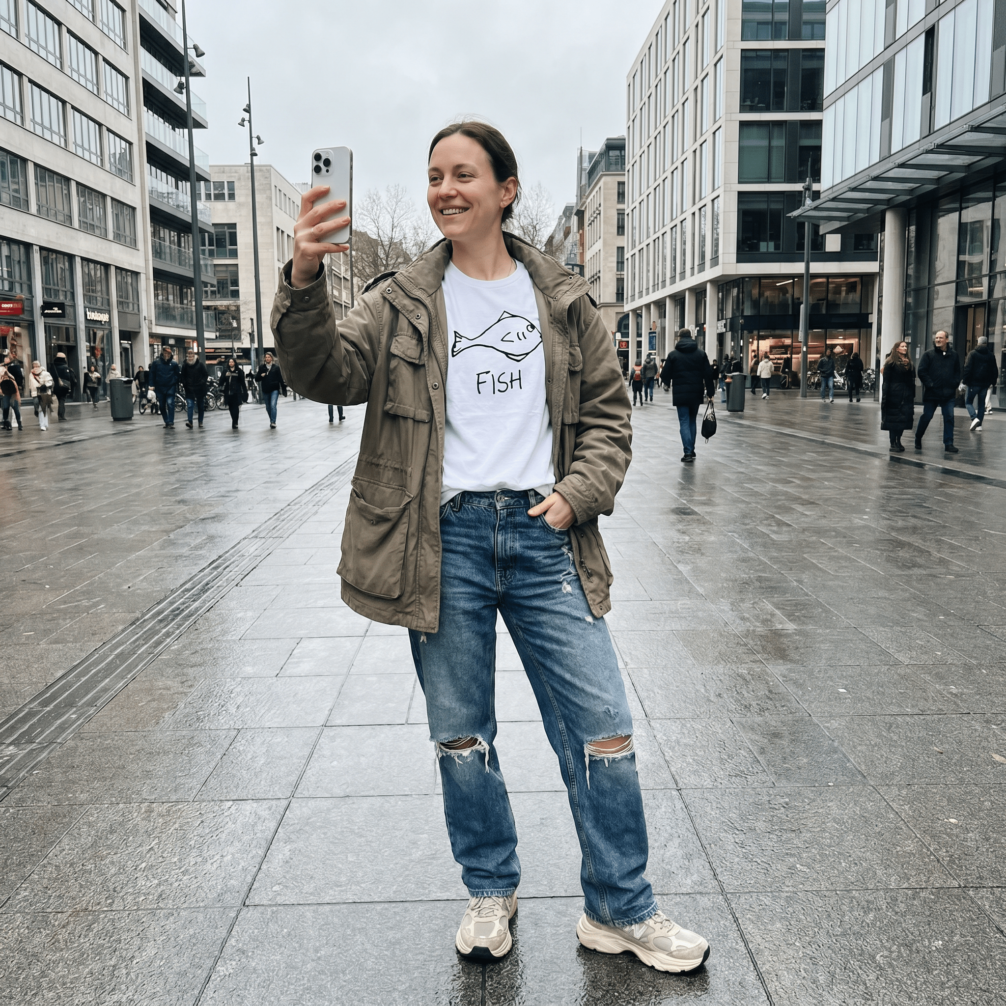 Woman taking a selfie on a city plaza wearing a lo-fi Fish Women's Relaxed Tee